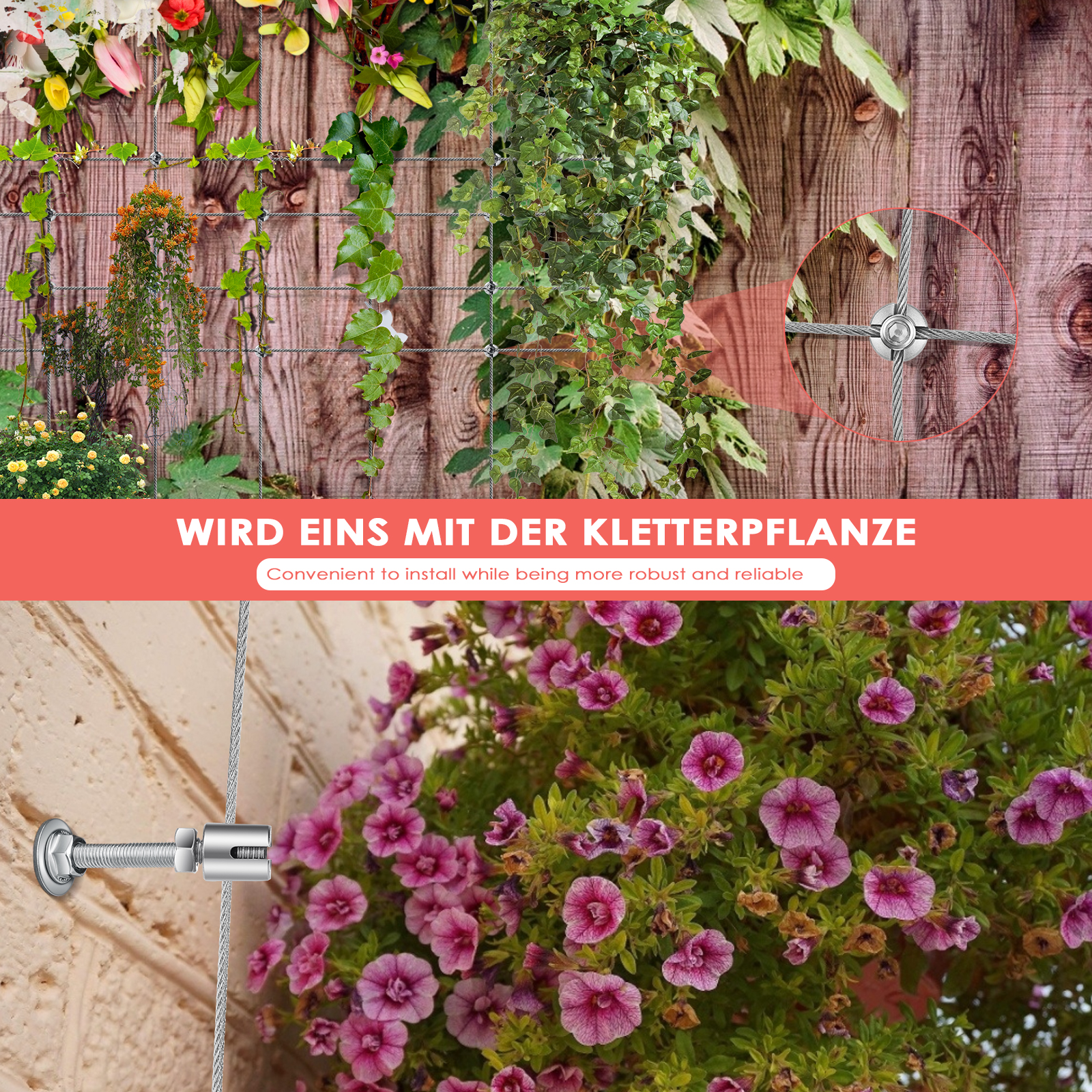 Climbing plant support, 16m stainless steel rope suspension kit, with 3mm stainless steel cable and 12 tensioners (16m)