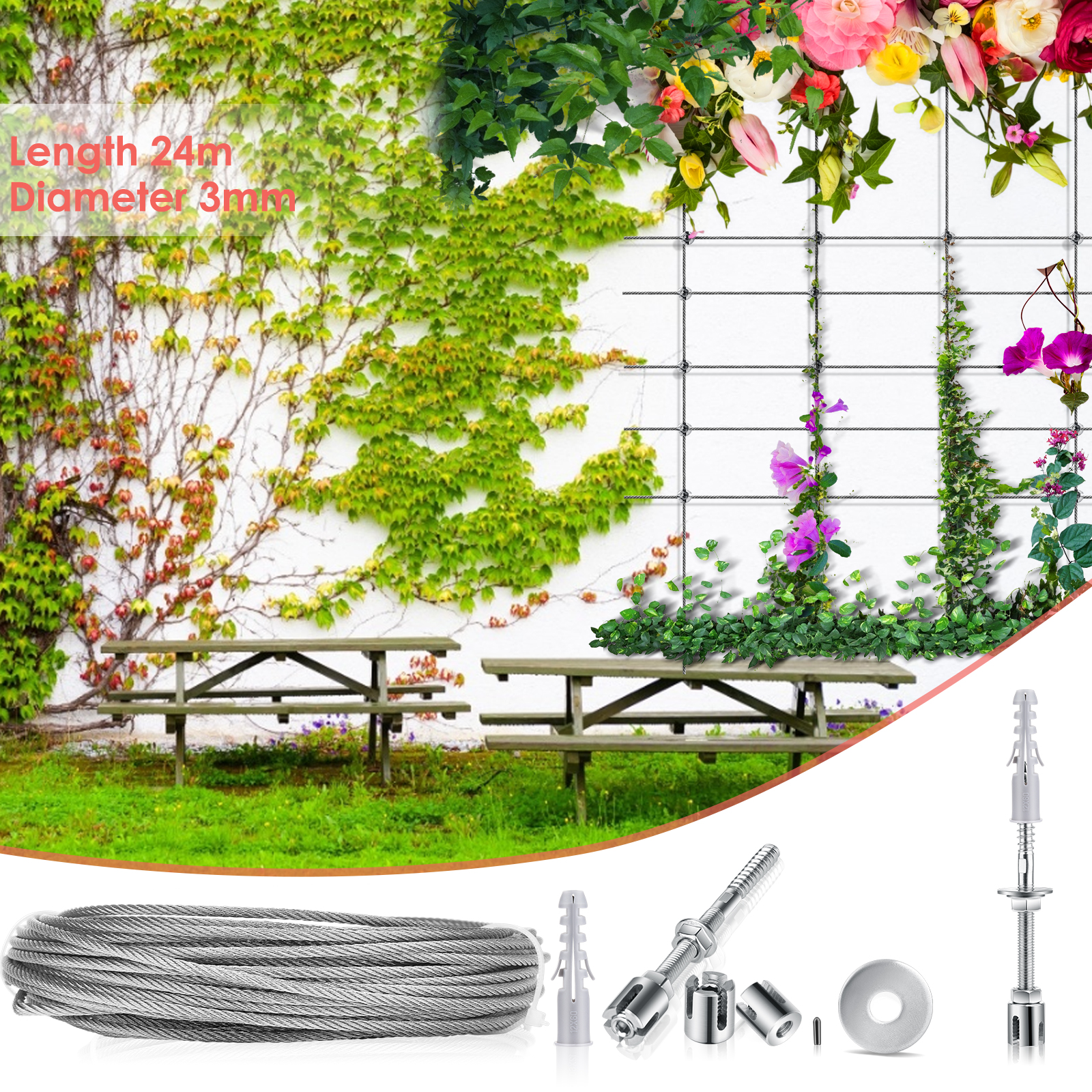 Climbing plant support, 16m stainless steel rope suspension kit, with 3mm stainless steel cable and 12 tensioners (16m)