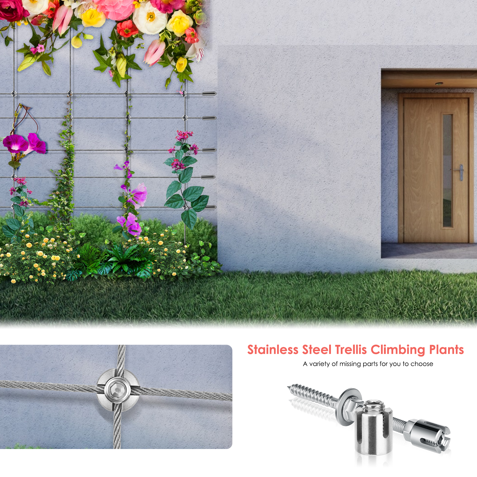 Climbing plant support, 16m stainless steel rope suspension kit, with 3mm stainless steel cable and 12 tensioners (16m)