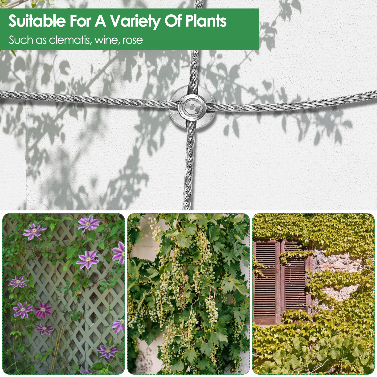 Climbing plant support, 16m stainless steel rope suspension kit, with 3mm stainless steel cable and 12 tensioners (16m)