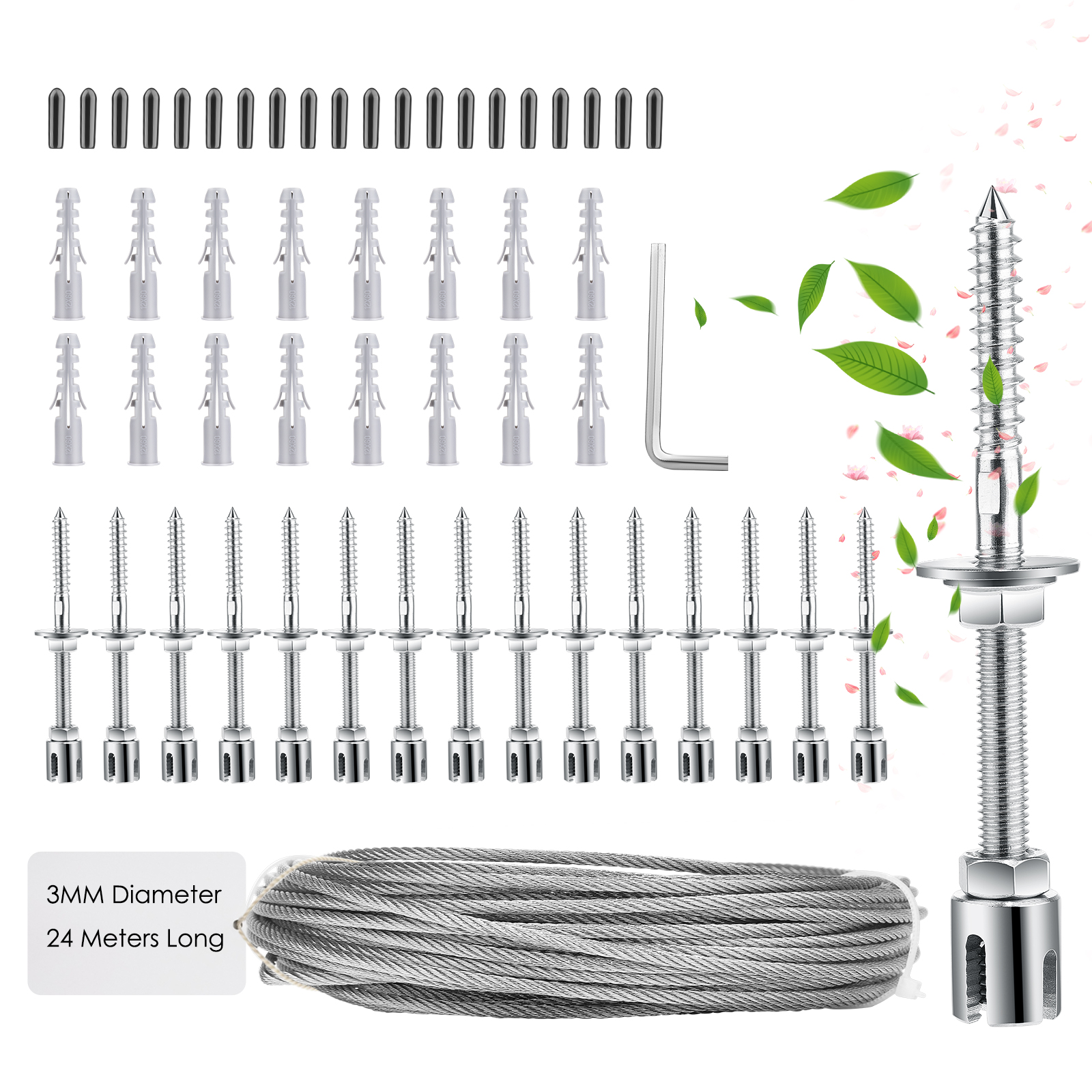Climbing plant support, 16m stainless steel rope suspension kit, with 3mm stainless steel cable and 12 tensioners (16m)