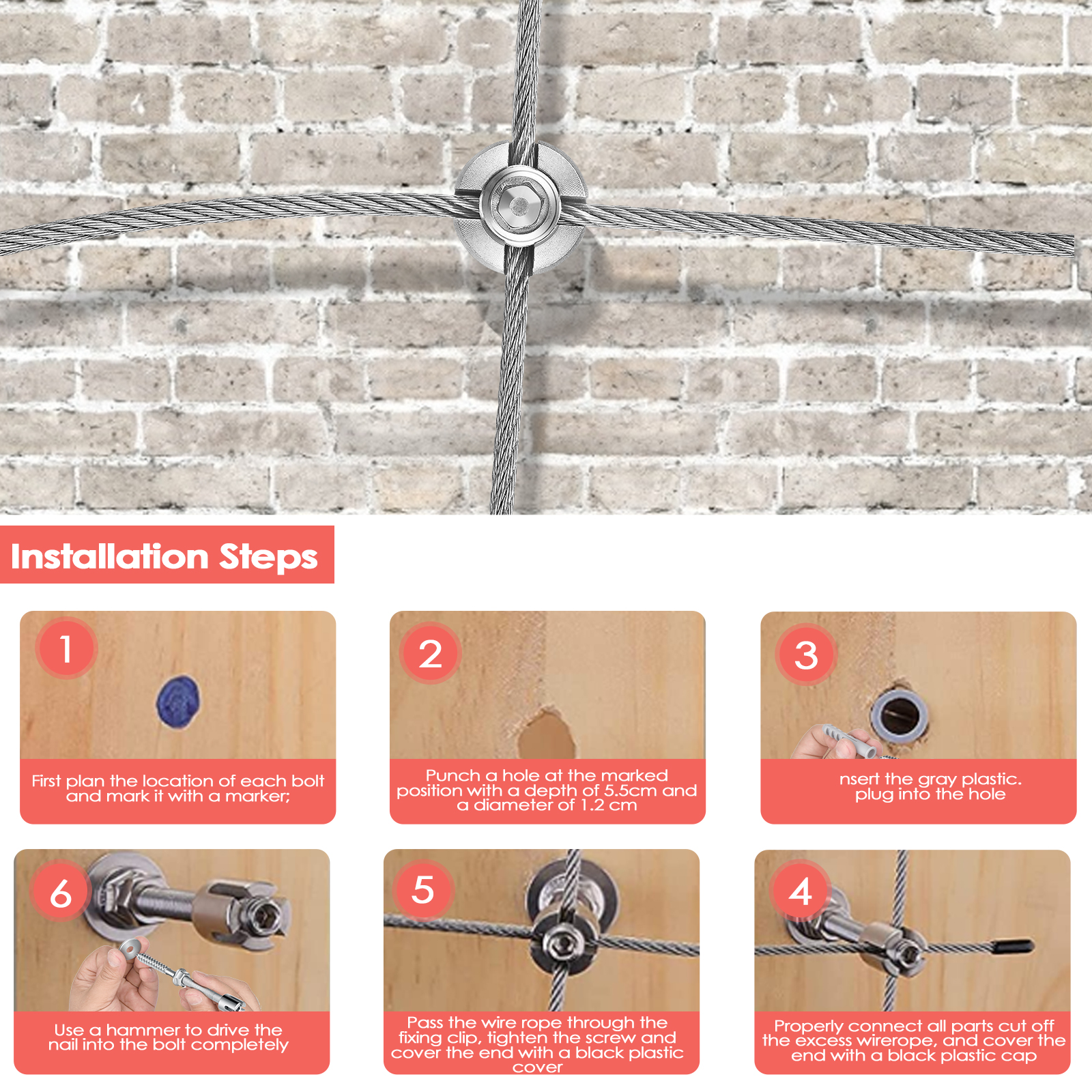 Climbing plant support, 16m stainless steel rope suspension kit, with 3mm stainless steel cable and 12 tensioners (16m)