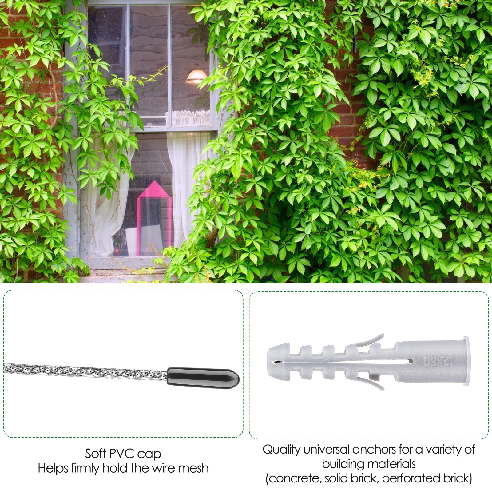 Climbing plant support, 16m stainless steel rope suspension kit, with 3mm stainless steel cable and 12 tensioners (16m)