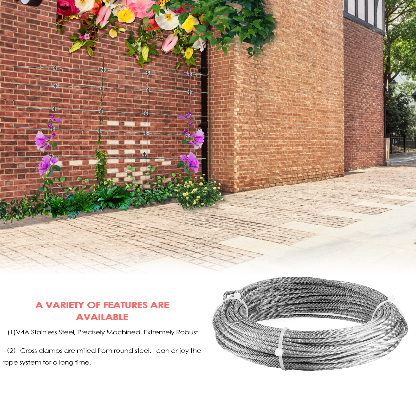 Climbing plant support, 16m stainless steel rope suspension kit, with 3mm stainless steel cable and 12 tensioners (16m)