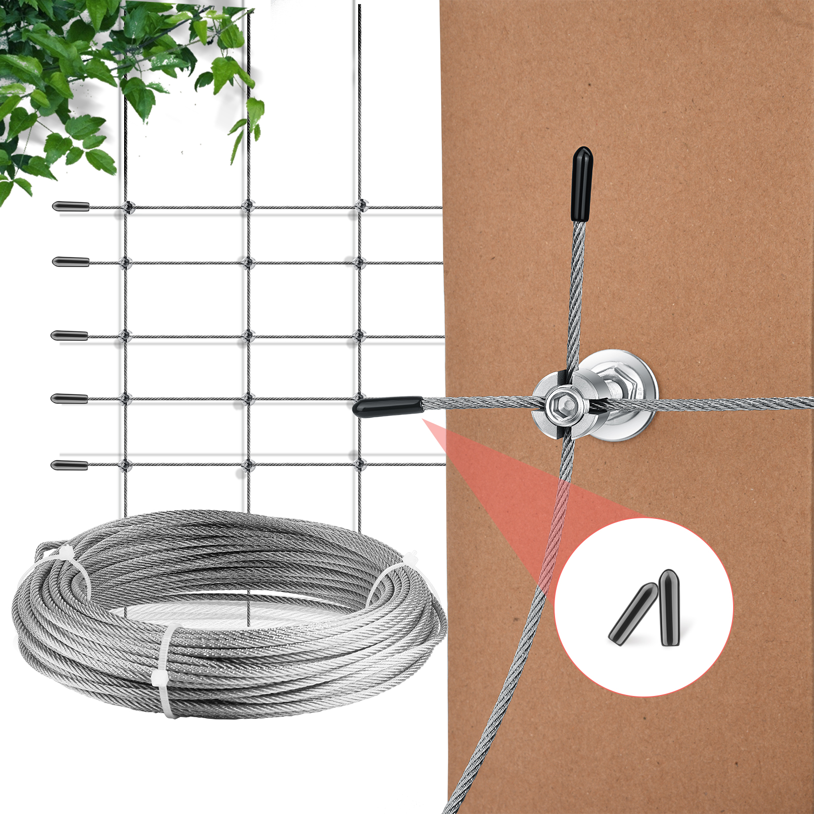 Climbing plant support, 16m stainless steel rope suspension kit, with 3mm stainless steel cable and 12 tensioners (16m)