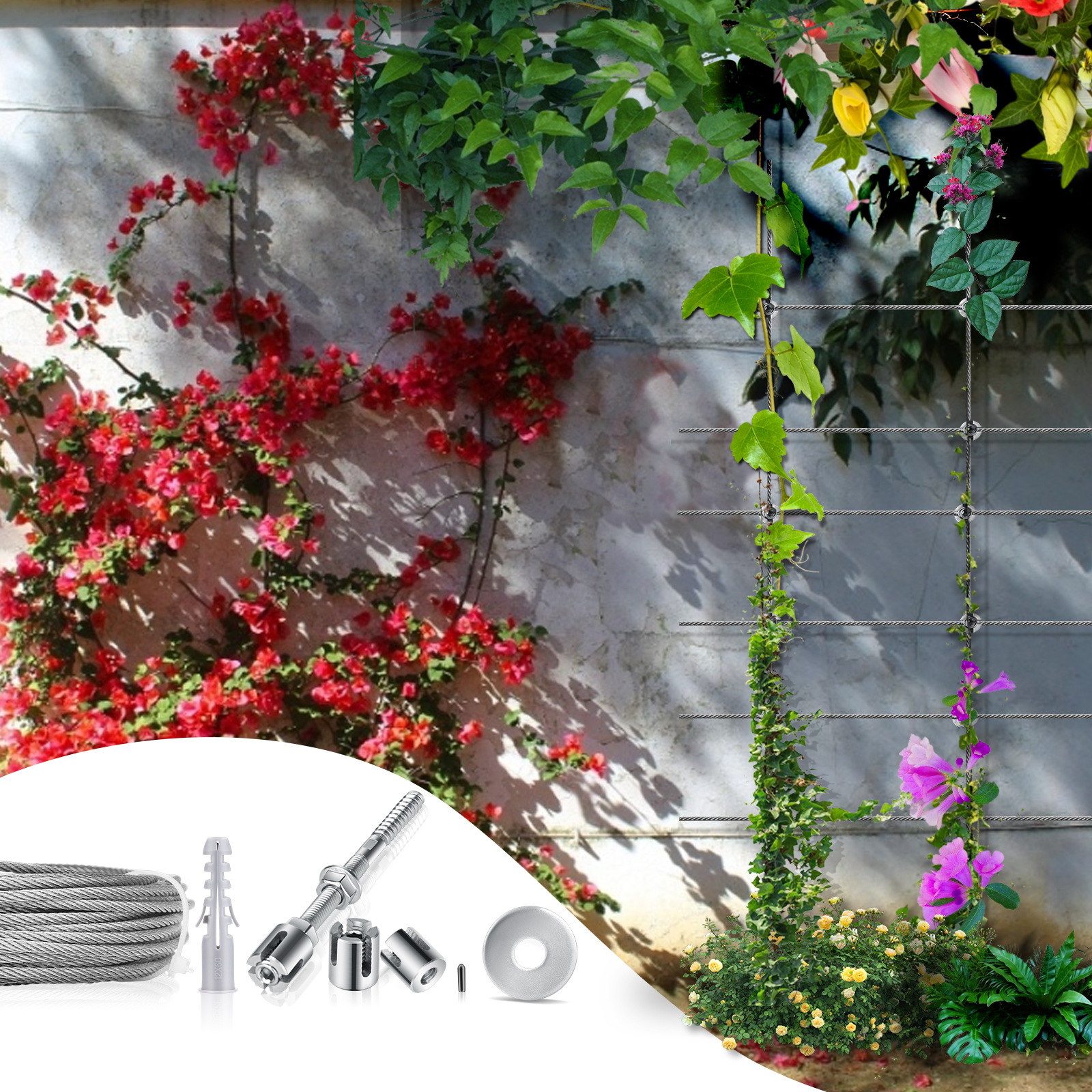 Climbing plant support, 16m stainless steel rope suspension kit, with 3mm stainless steel cable and 12 tensioners (16m)