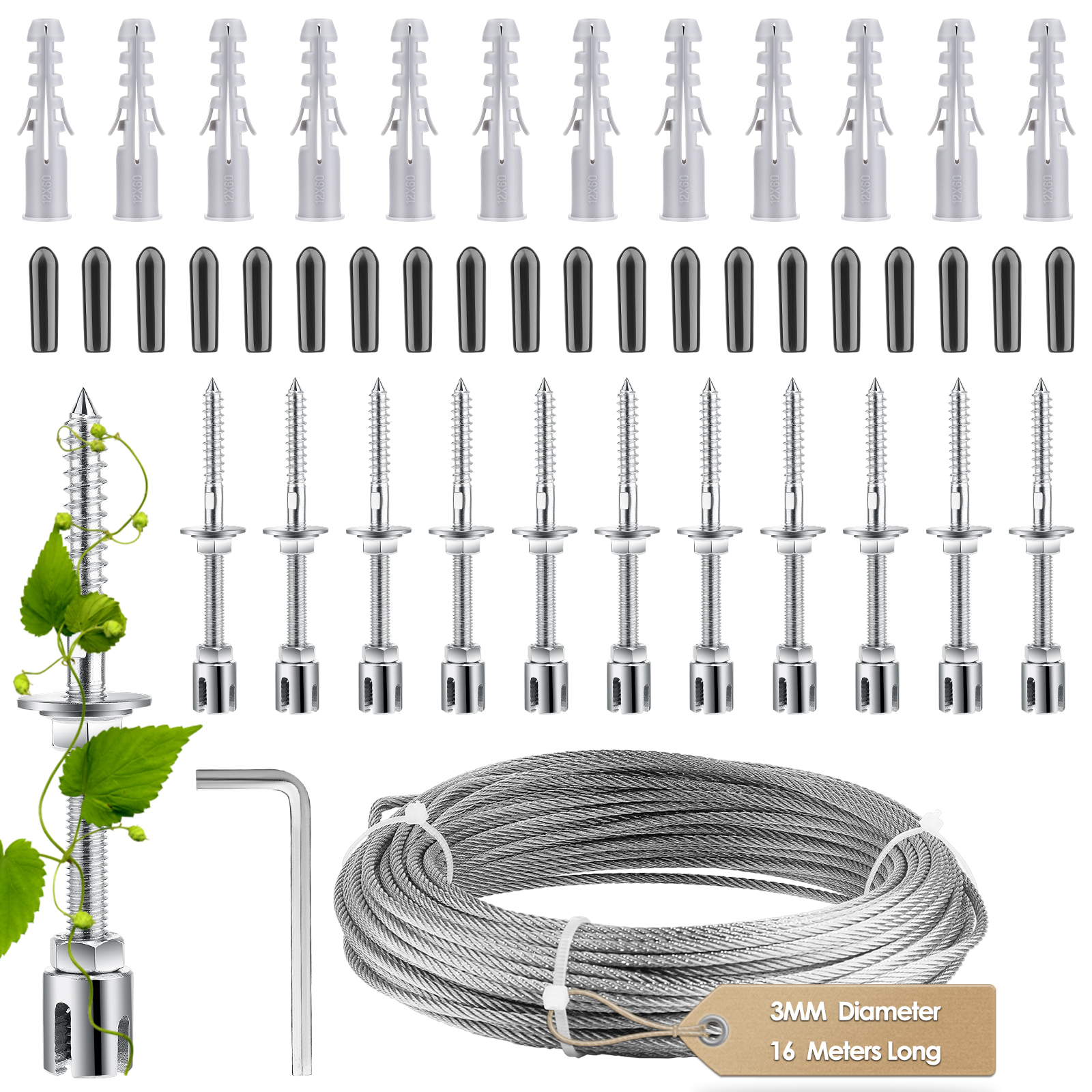 Climbing plant support, 16m stainless steel rope suspension kit, with 3mm stainless steel cable and 12 tensioners (16m)
