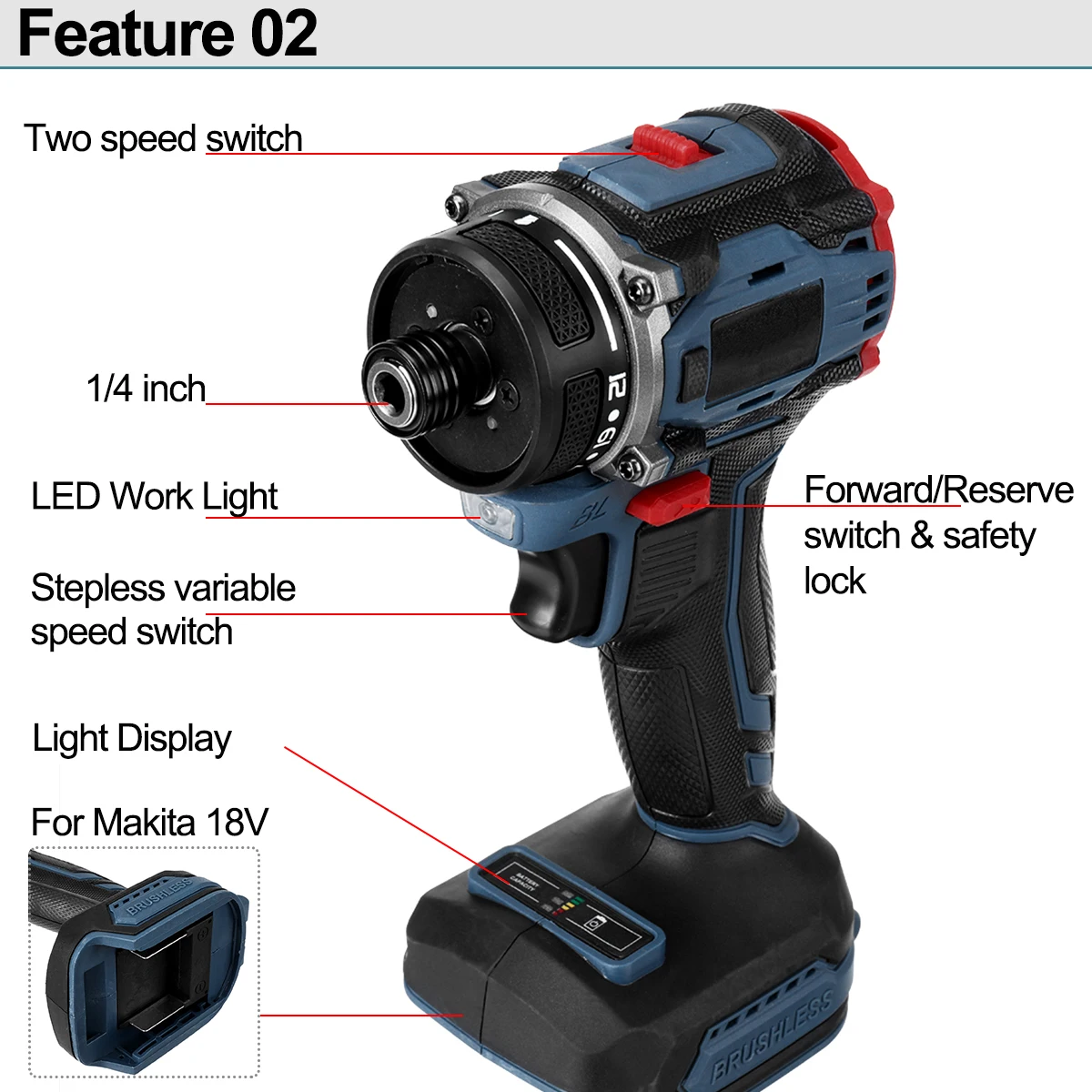 1/4inch 4000rpm Brushless Electric Screwdriver 21+1 Gear Two Speed Cordless Electric Drill Tool For 18v Battery