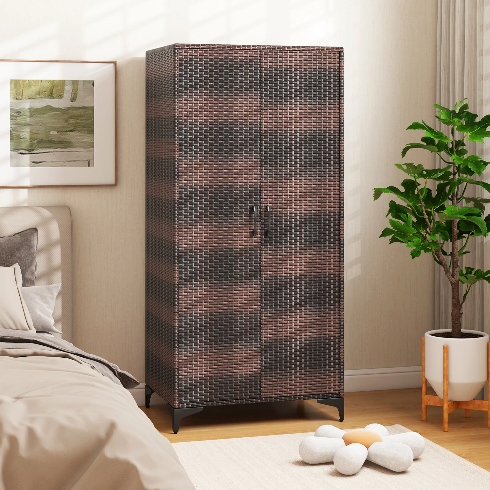 Garden wardrobe rattan storage s wardrobe outdoor with STEM Bar & 2 doors weatherproof terrace wardrobe rattan wardrobe