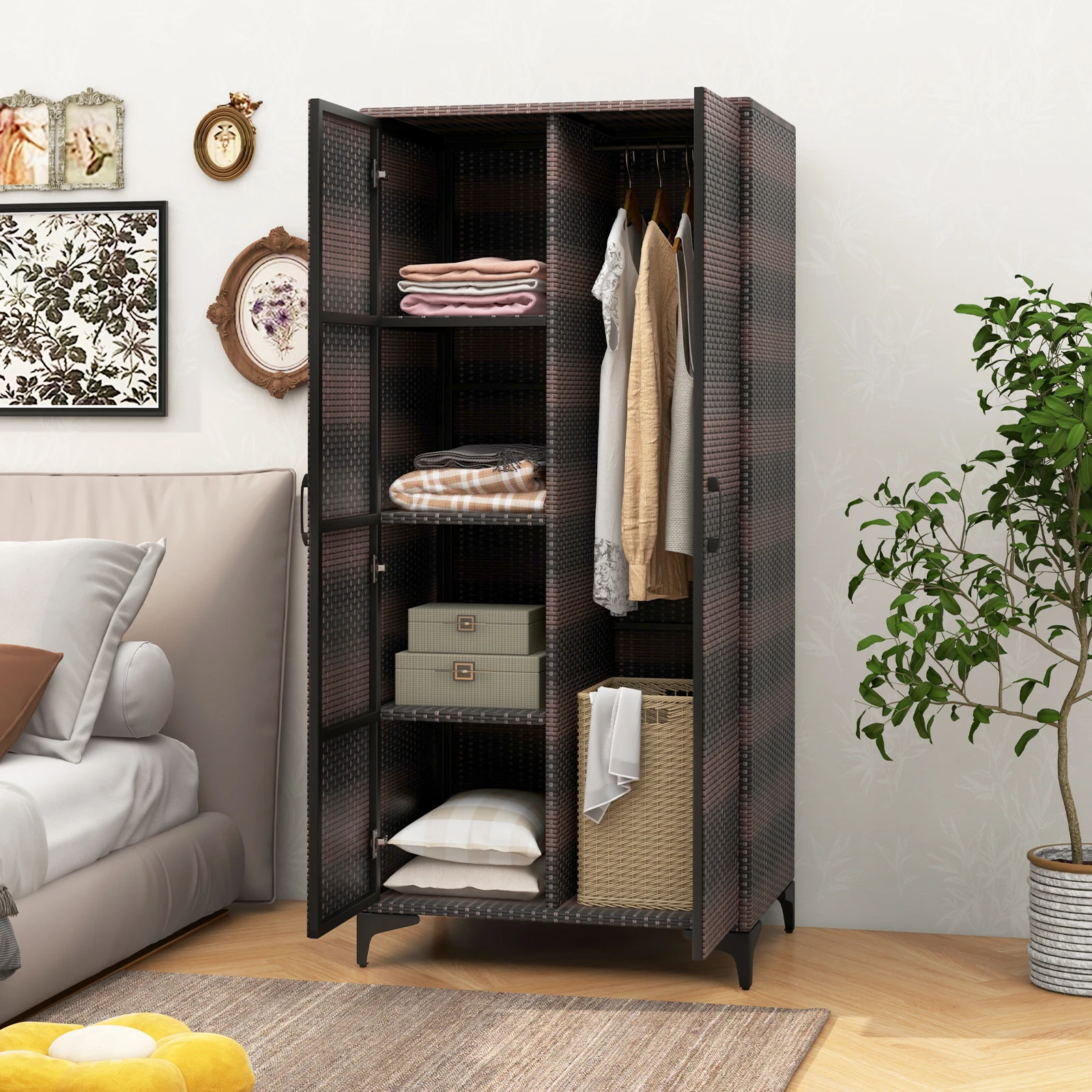 Garden wardrobe rattan storage s wardrobe outdoor with STEM Bar & 2 doors weatherproof terrace wardrobe rattan wardrobe