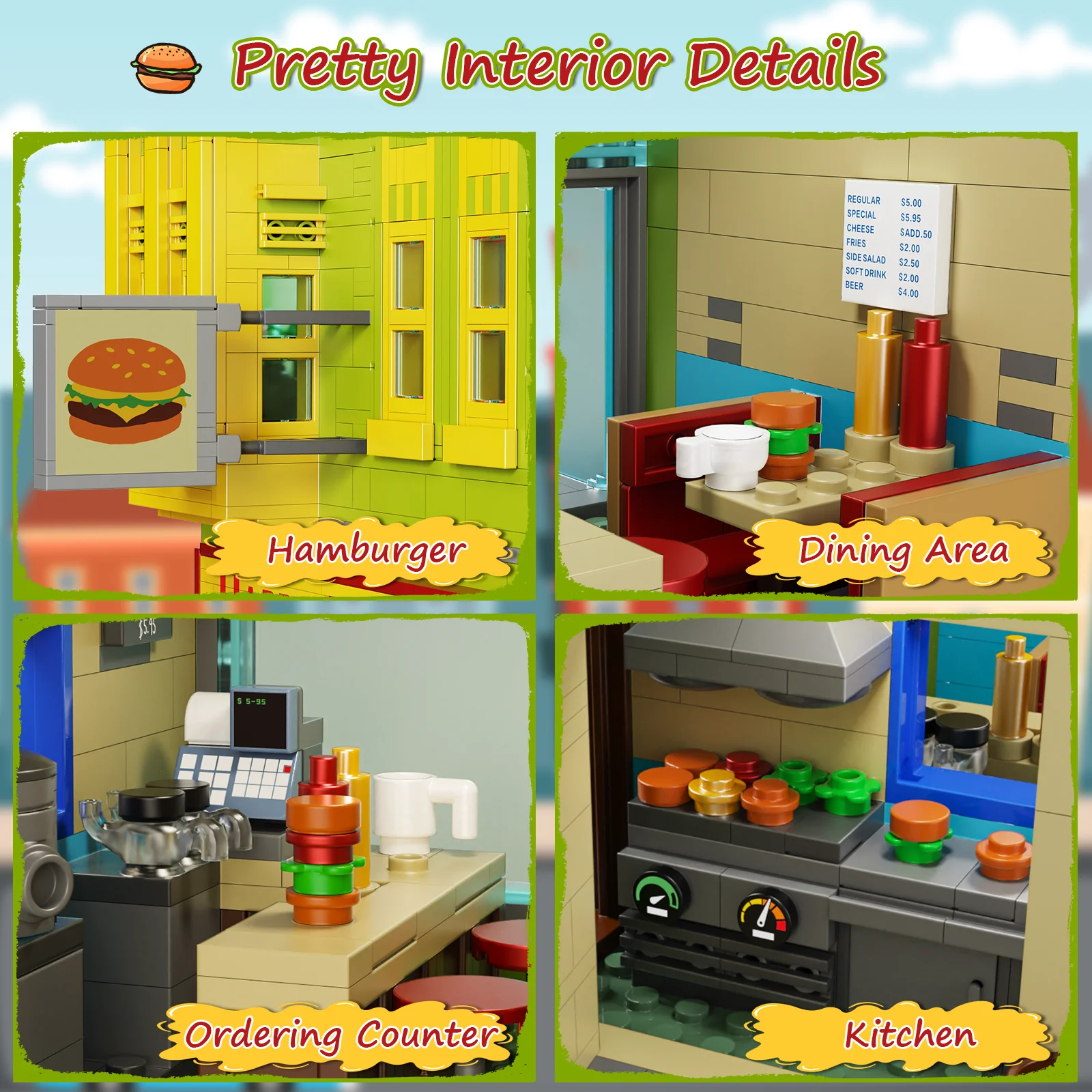 1018PCS Bobe's Hamburger Shop Building Blocks Sets City Scenery Street View House Architecture Model Bricks Gifts for Kids Adult