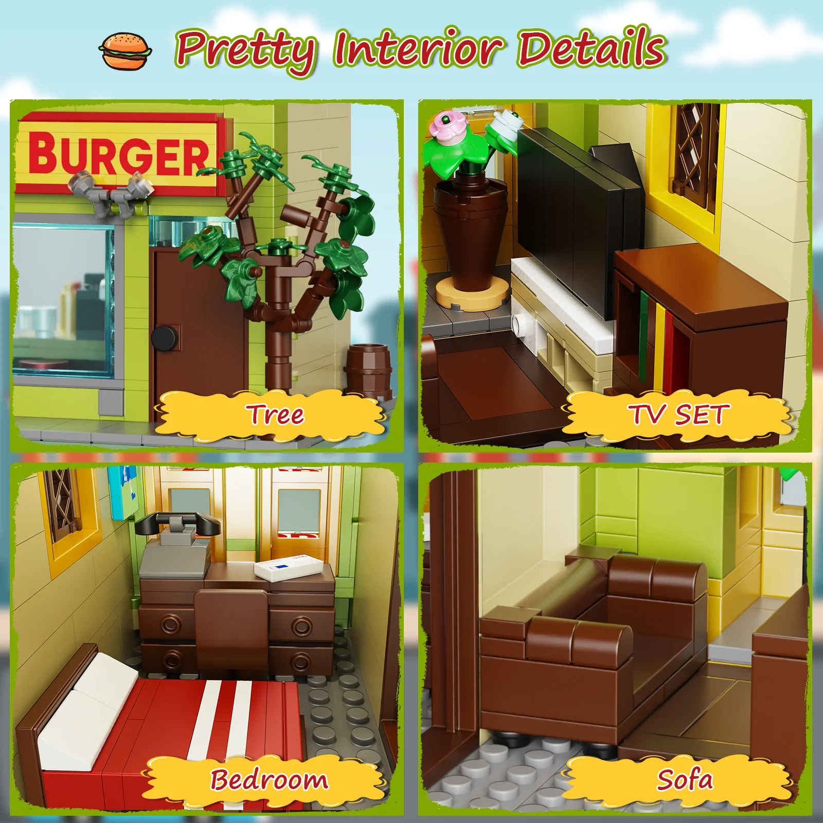 1018PCS Bobe's Hamburger Shop Building Blocks Sets City Scenery Street View House Architecture Model Bricks Gifts for Kids Adult