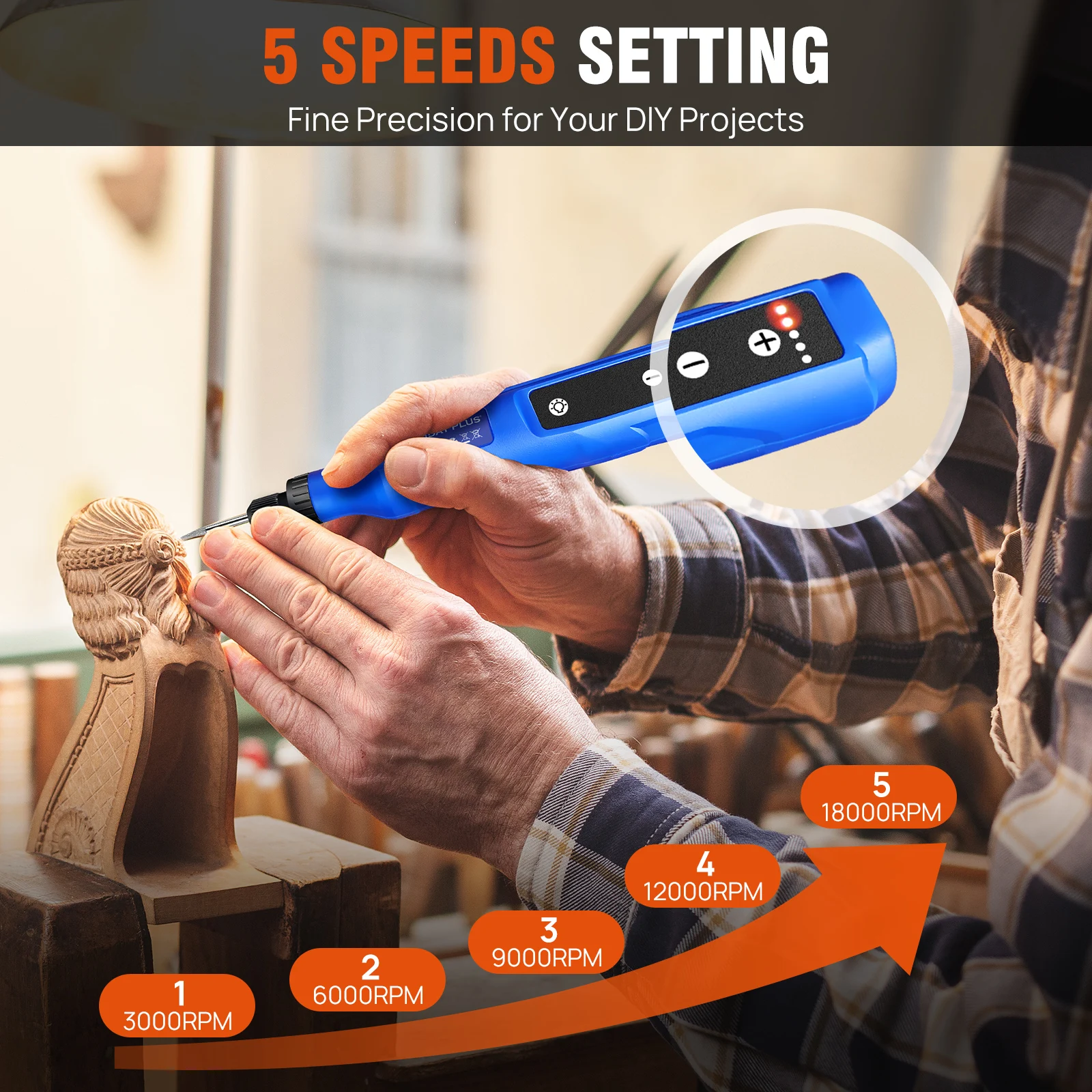 New Multi-Purpose Power Rotary Tool with LED Light, Mini Cordless Rotary Tool 5 Speed Adjustment 3000/6000/9000/12000/18000 RPM