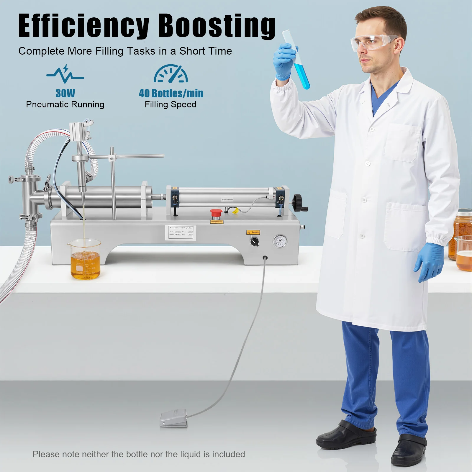 100-1000ml Horizontal Pneumatic Liquid Filling Machine, 40 Bottles/min Single Head Liquid Bottling Filler with Foot Switch and Barometer