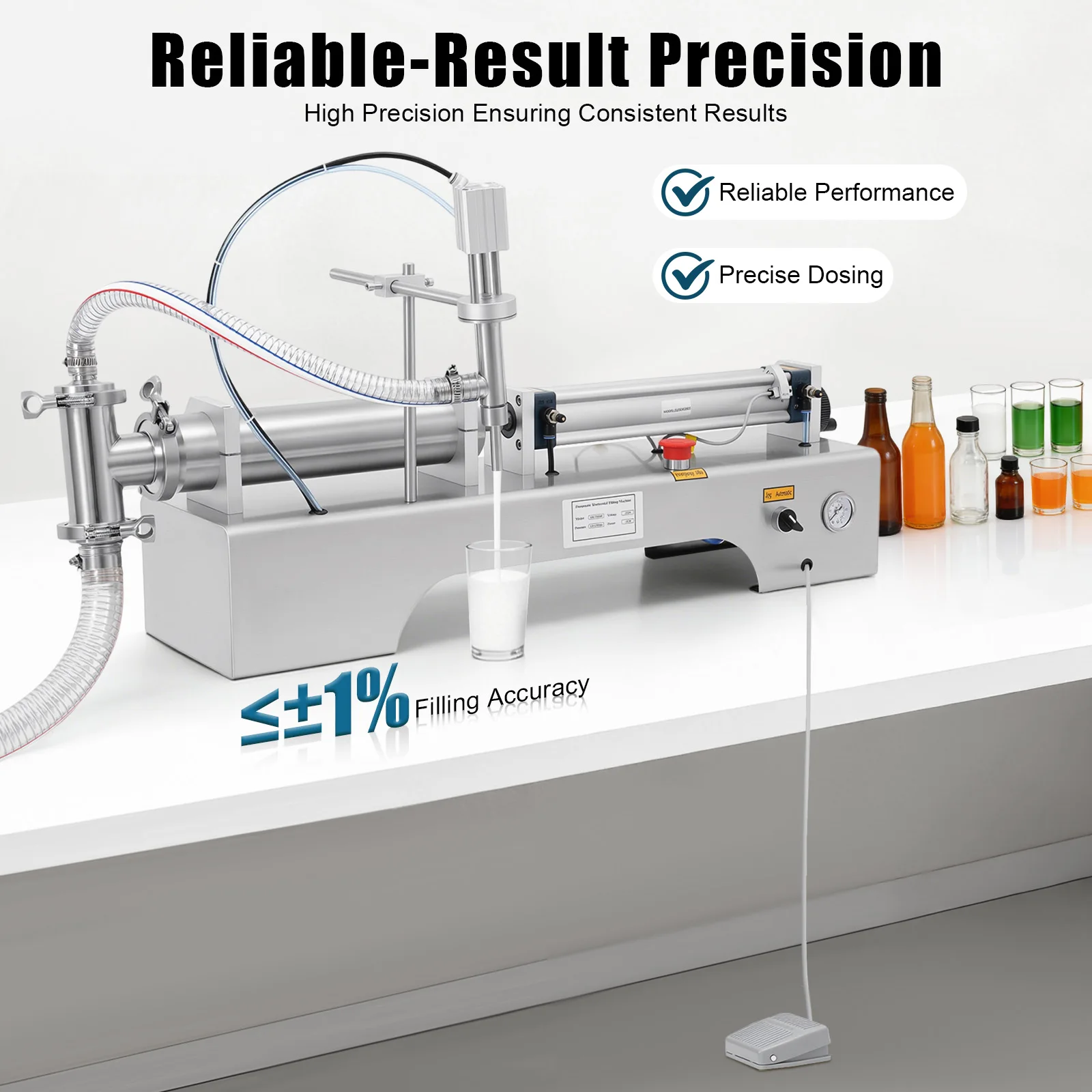 100-1000ml Horizontal Pneumatic Liquid Filling Machine, 40 Bottles/min Single Head Liquid Bottling Filler with Foot Switch and Barometer
