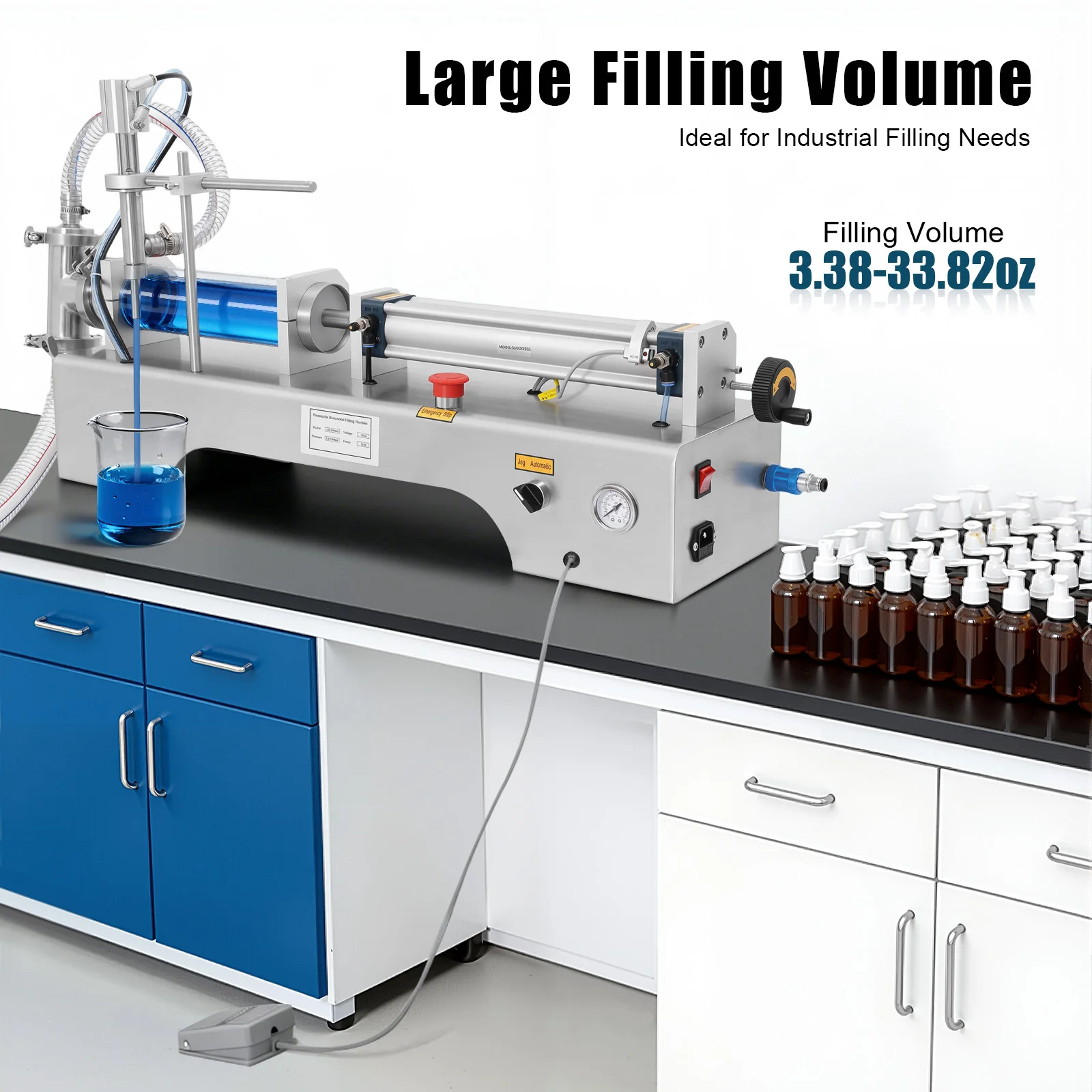 100-1000ml Horizontal Pneumatic Liquid Filling Machine, 40 Bottles/min Single Head Liquid Bottling Filler with Foot Switch and Barometer