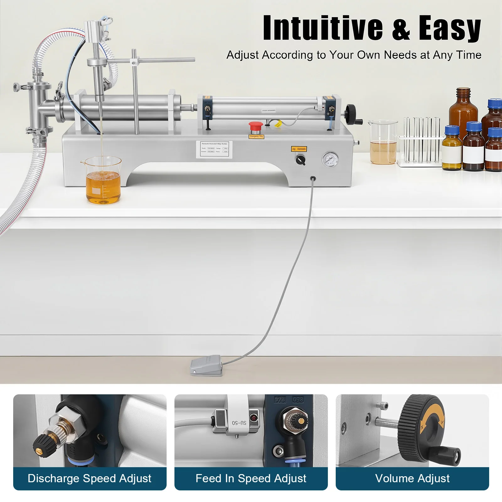 100-1000ml Horizontal Pneumatic Liquid Filling Machine, 40 Bottles/min Single Head Liquid Bottling Filler with Foot Switch and Barometer