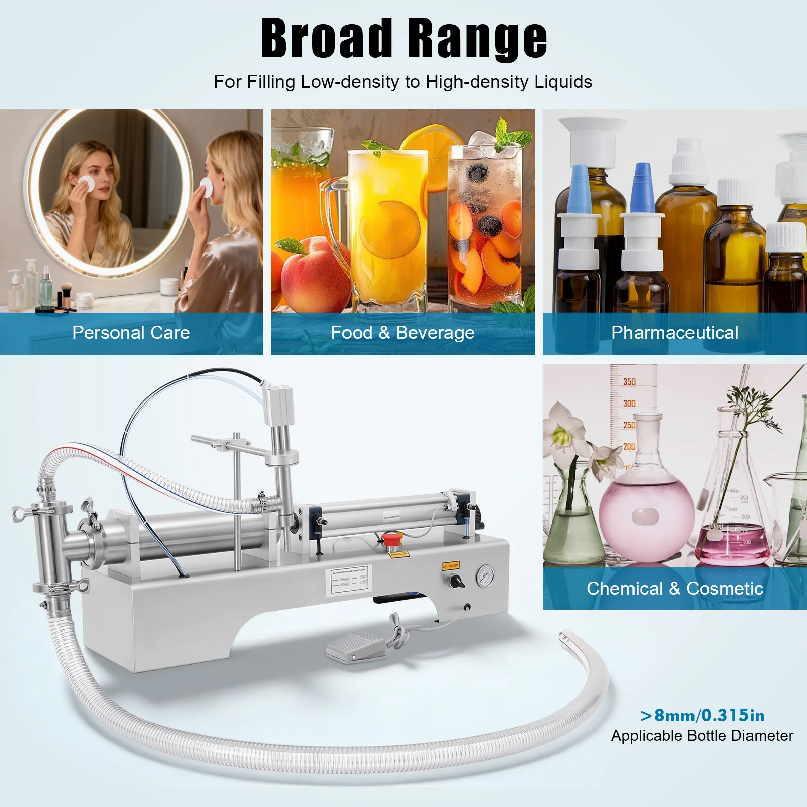 100-1000ml Horizontal Pneumatic Liquid Filling Machine, 40 Bottles/min Single Head Liquid Bottling Filler with Foot Switch and Barometer
