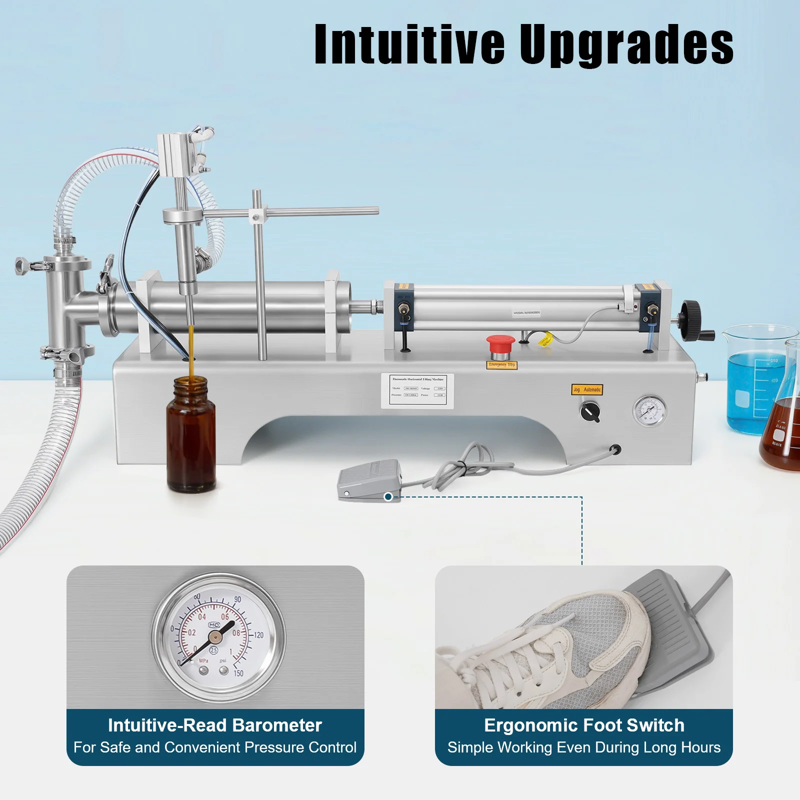 100-1000ml Horizontal Pneumatic Liquid Filling Machine, 40 Bottles/min Single Head Liquid Bottling Filler with Foot Switch and Barometer