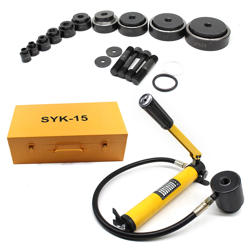 SYK-15Ton /10 Dies 16mm-101mm Hydraulic Knockout Punch Kit Hole Punch for Metal, Steel, Plastic