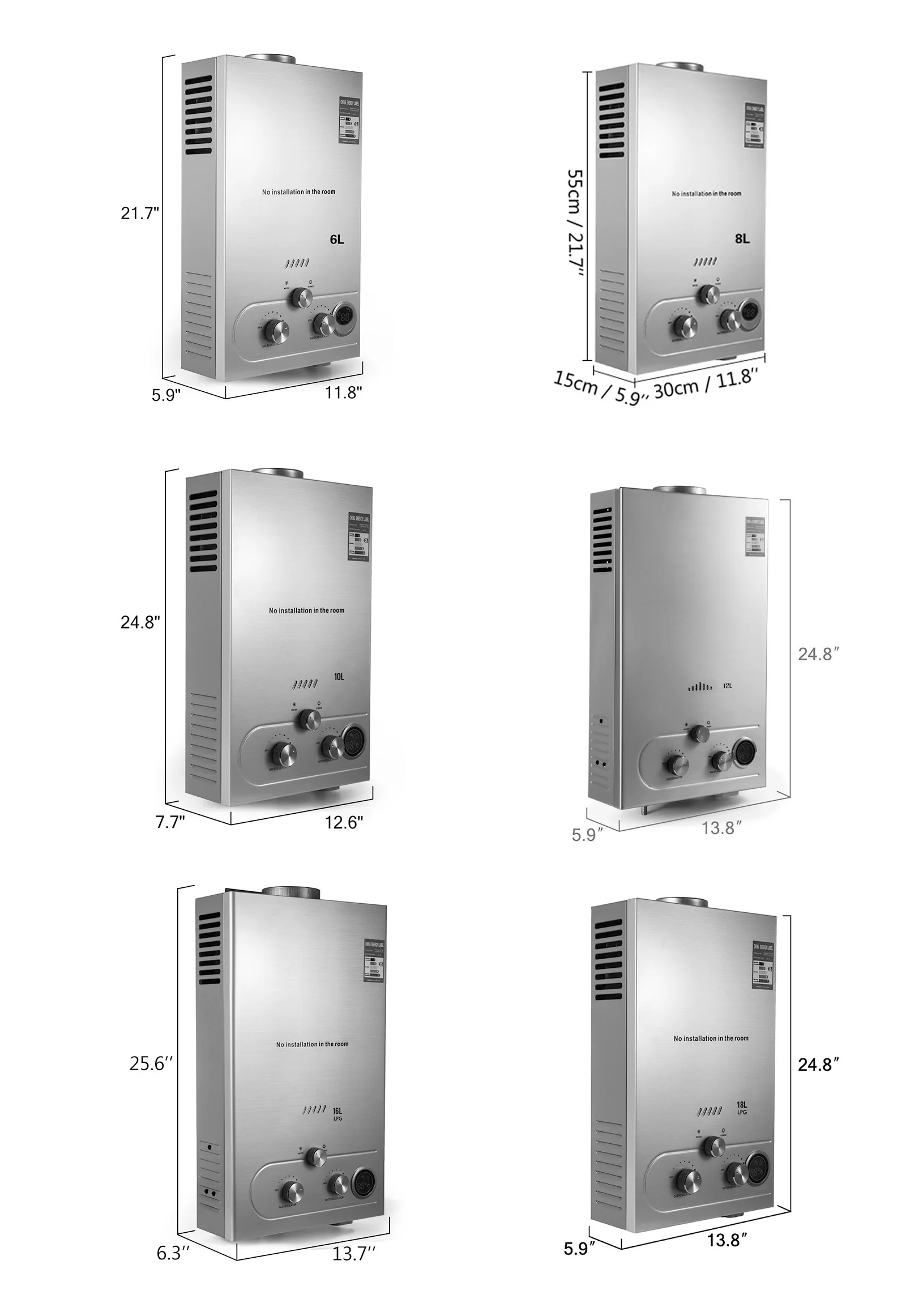 SIHAO LPG Water Heater 6L 8L 10L 12L 16L 18L LPG Liquefied Petroleum Gas Propane Butane Water Heater Stainless Steel Boiler Kit