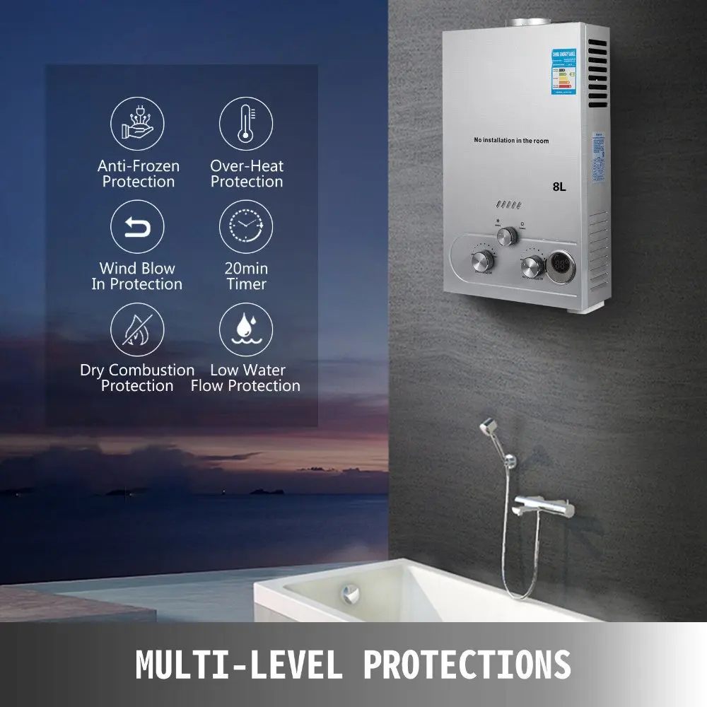 SIHAO LPG Water Heater 6L 8L 10L 12L 16L 18L LPG Liquefied Petroleum Gas Propane Butane Water Heater Stainless Steel Boiler Kit