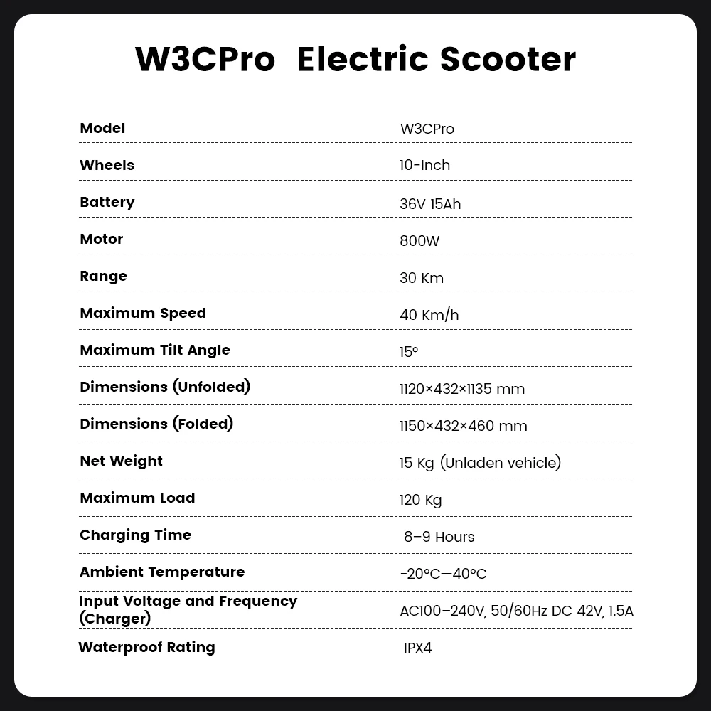 IScooter W3CPro Electric Scooter 36V 15Ah 30km Range 10 inch Inflatable Tire Speed Rear Disc Brake Adult E Scooter with APP