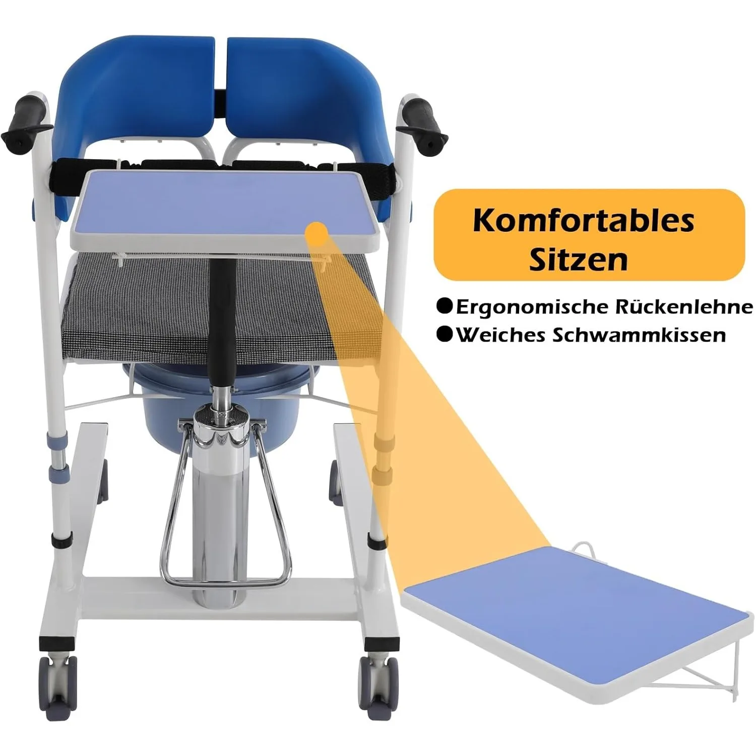 Patient Referral Chair, Shower Wheelchair with Height Adjustment, Toilet Chair with Wheels, 100 Kg, Night Chair