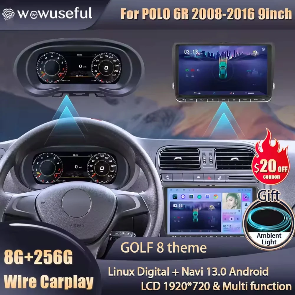 Wowuseful Digital Dashboard Cluster For VW Polo 6R 08-16ys VENTO crossfox 15 Navigation Radio Android Player Map Paneel Cockpit