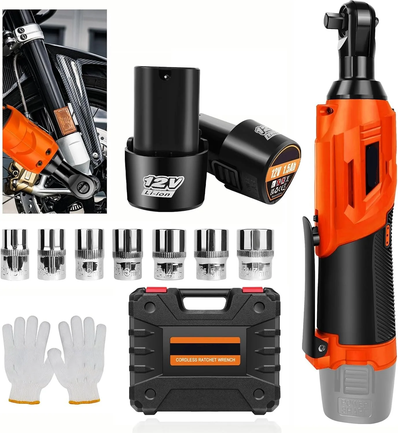 Electric Cordless Right Ratchet 3/8'' 90°Angle Wrench 200N.m Torque Impact with LED Work Light+7pcs Sockets Tool Kit,2xBattery