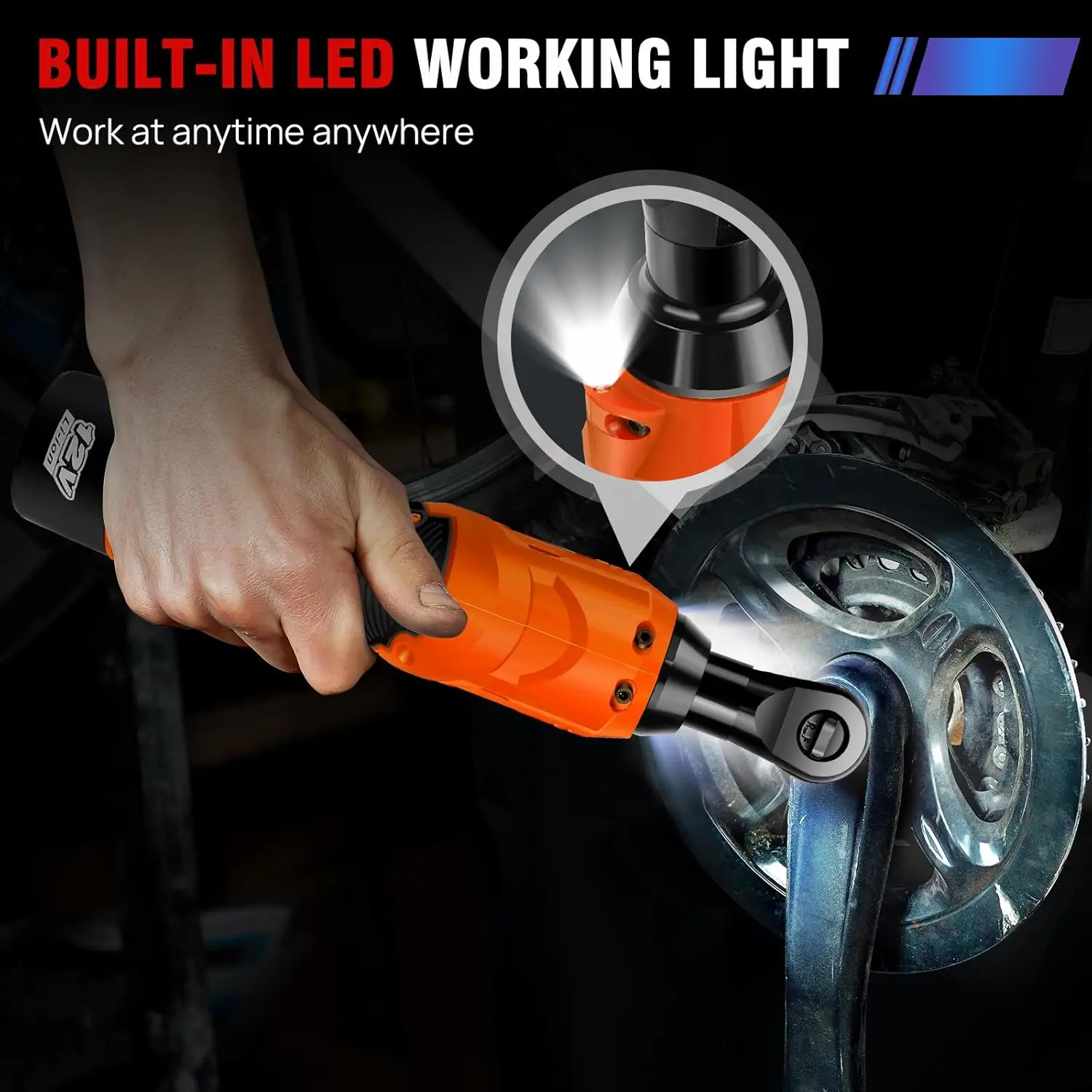 Electric Cordless Right Ratchet 3/8'' 90°Angle Wrench 200N.m Torque Impact with LED Work Light+7pcs Sockets Tool Kit,2xBattery