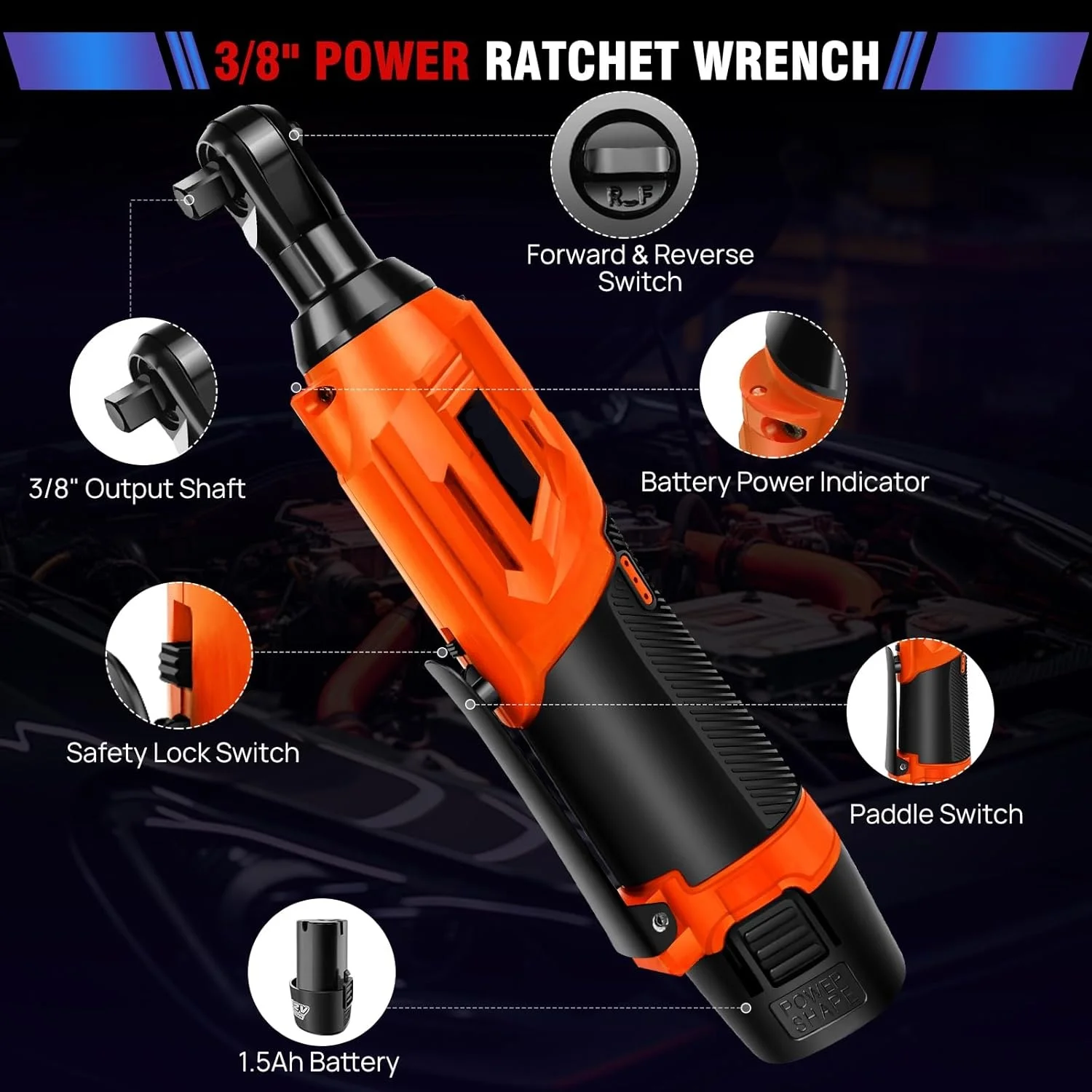 Electric Cordless Right Ratchet 3/8'' 90°Angle Wrench 200N.m Torque Impact with LED Work Light+7pcs Sockets Tool Kit,2xBattery