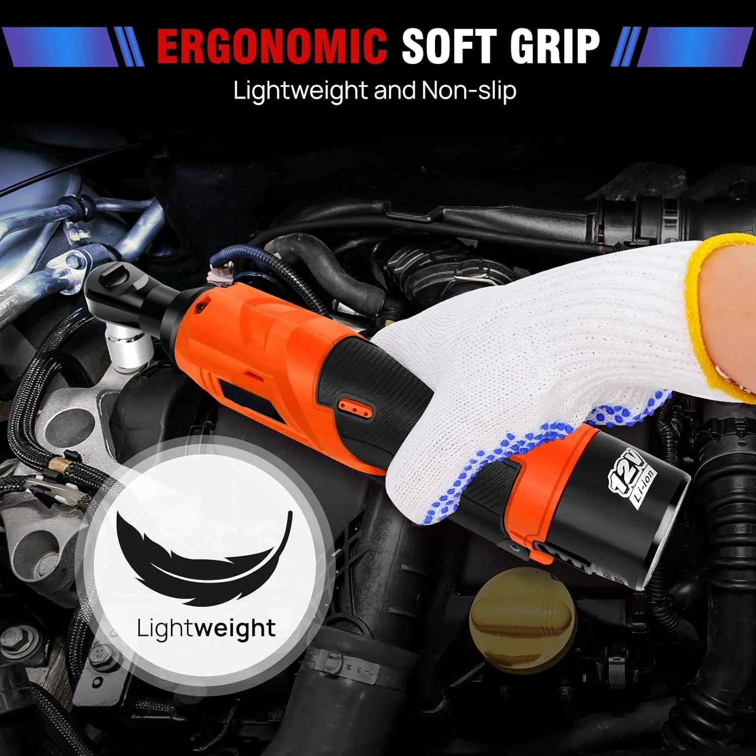 Electric Cordless Right Ratchet 3/8'' 90°Angle Wrench 200N.m Torque Impact with LED Work Light+7pcs Sockets Tool Kit,2xBattery