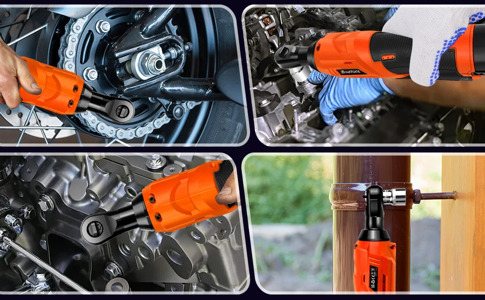 Electric Cordless Right Ratchet 3/8'' 90°Angle Wrench 200N.m Torque Impact with LED Work Light+7pcs Sockets Tool Kit,2xBattery