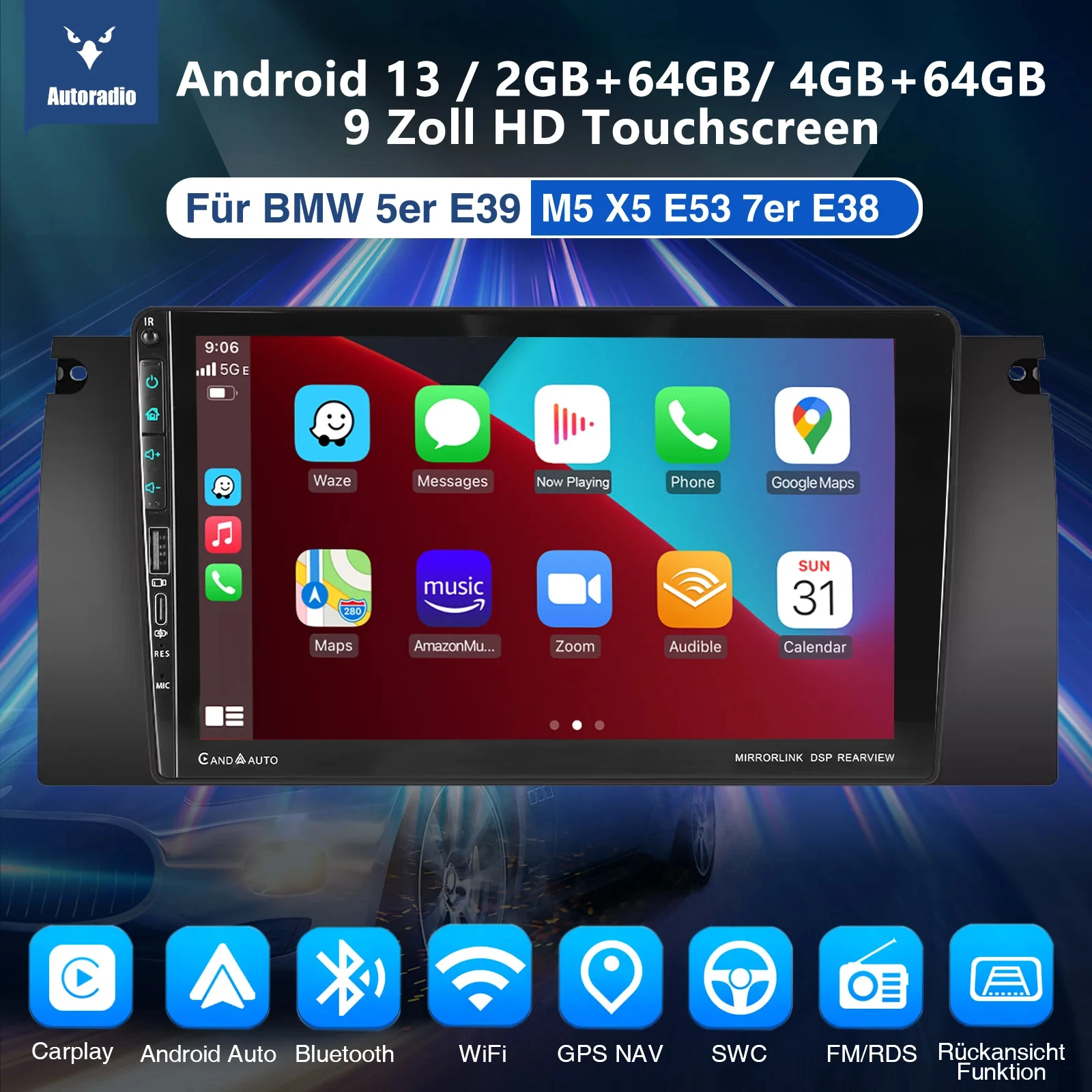 ESSGOO 4+64G Carplay Android Auto Car Radio For BMW 5Series E39 X5 E53 Android 13 9inch GPS NAV RDS BT WiFi With USB Dual Type-C