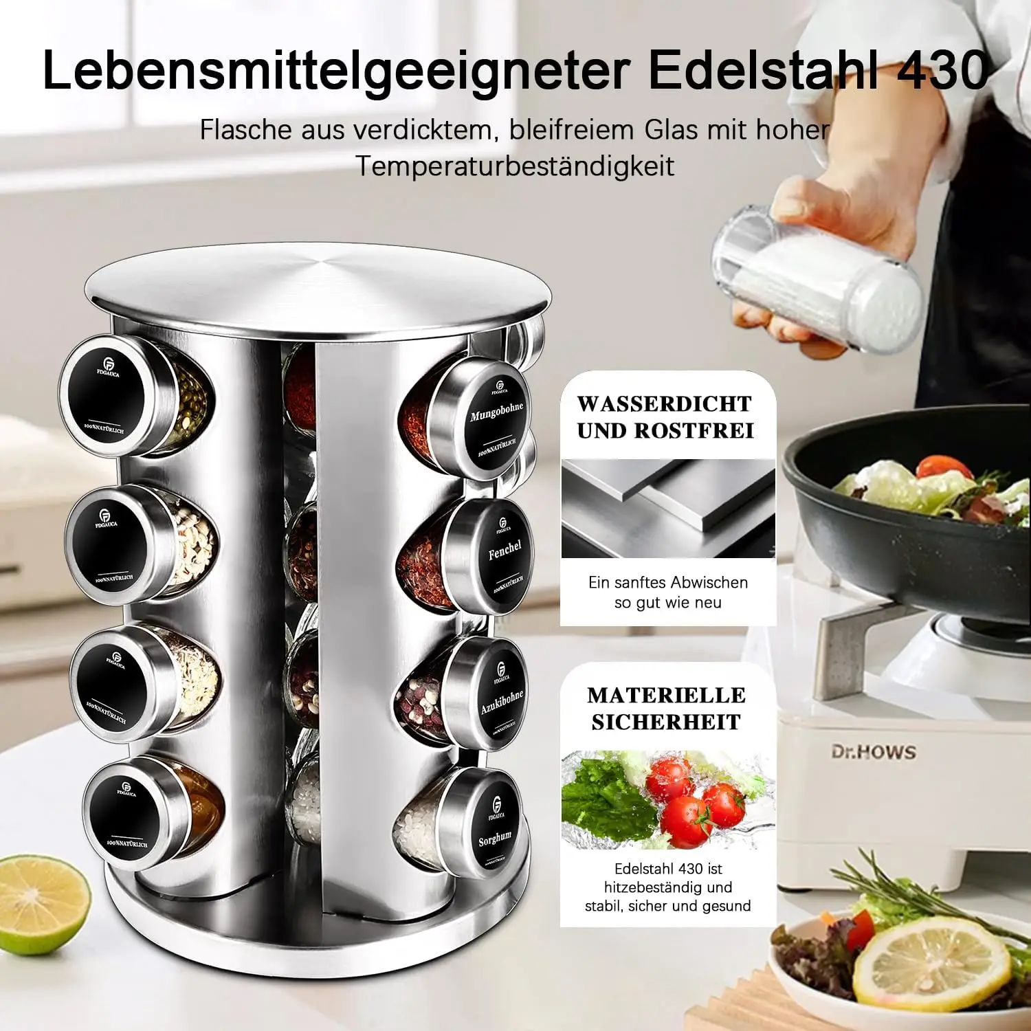 Rotating Spice Rack 360° - 4-Tier Organizer with 16 Spice Jars (100ml) & German Labels - Kitchen Storage Shelf