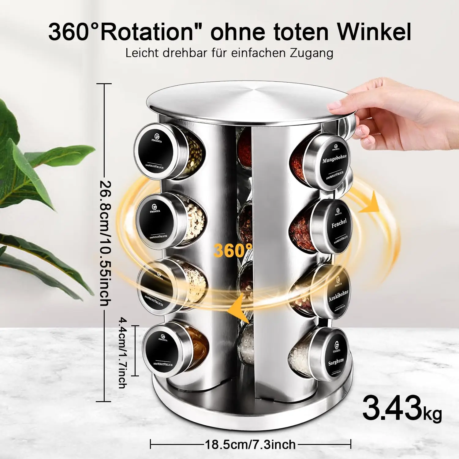 Rotating Spice Rack 360° - 4-Tier Organizer with 16 Spice Jars (100ml) & German Labels - Kitchen Storage Shelf