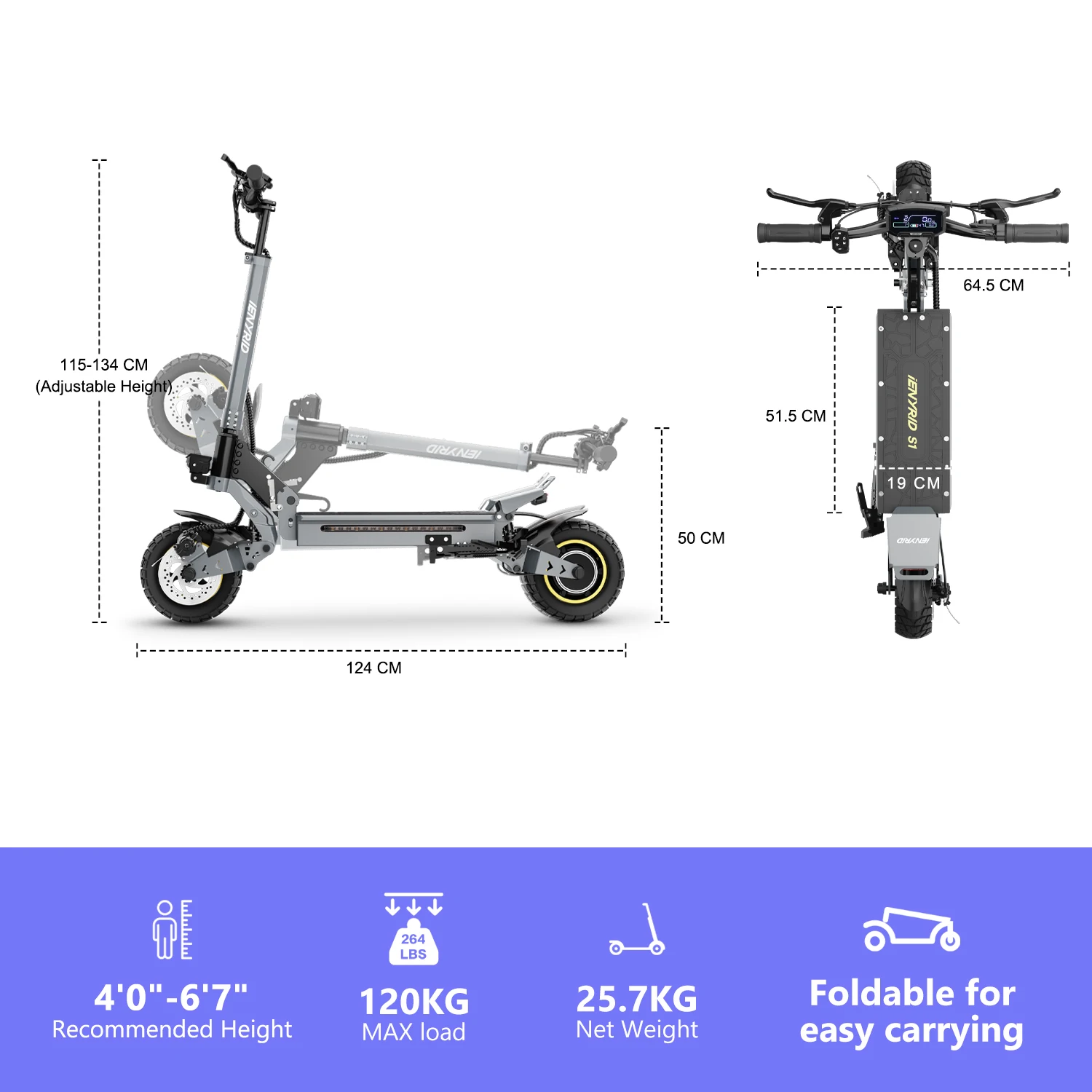Ienyrid Ie-S1 Electric Scooter for Adult 48V15Ah Battery Auto Cruise Control System 10" Tire