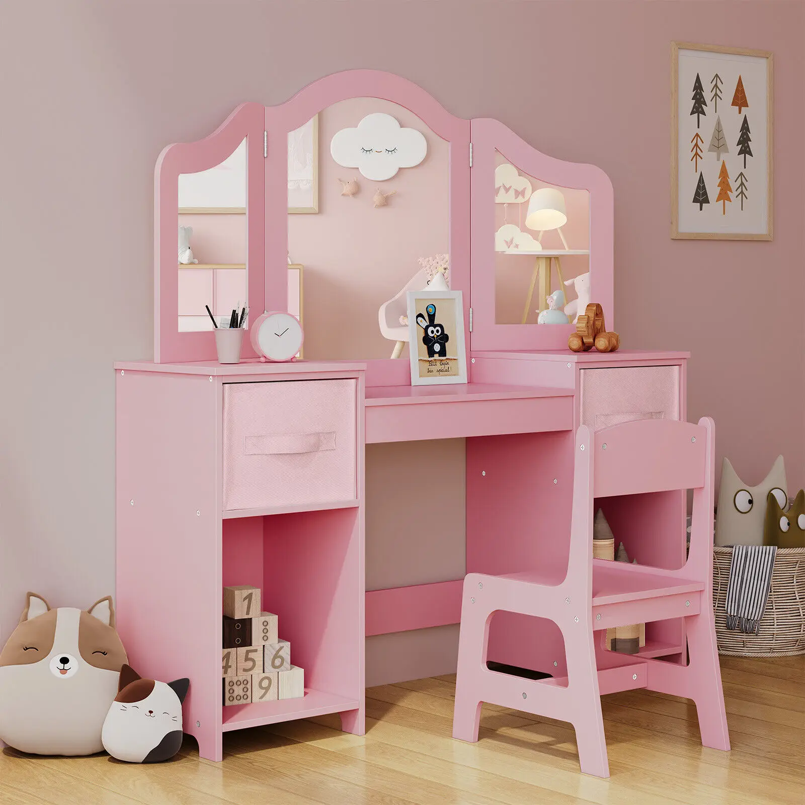 Kids Vanity, 2 in 1 Princess Makeup Desk & Chair Set with Tri-Folding Detachable Mirror, Large Storage Shelves, Wooden Pretend
