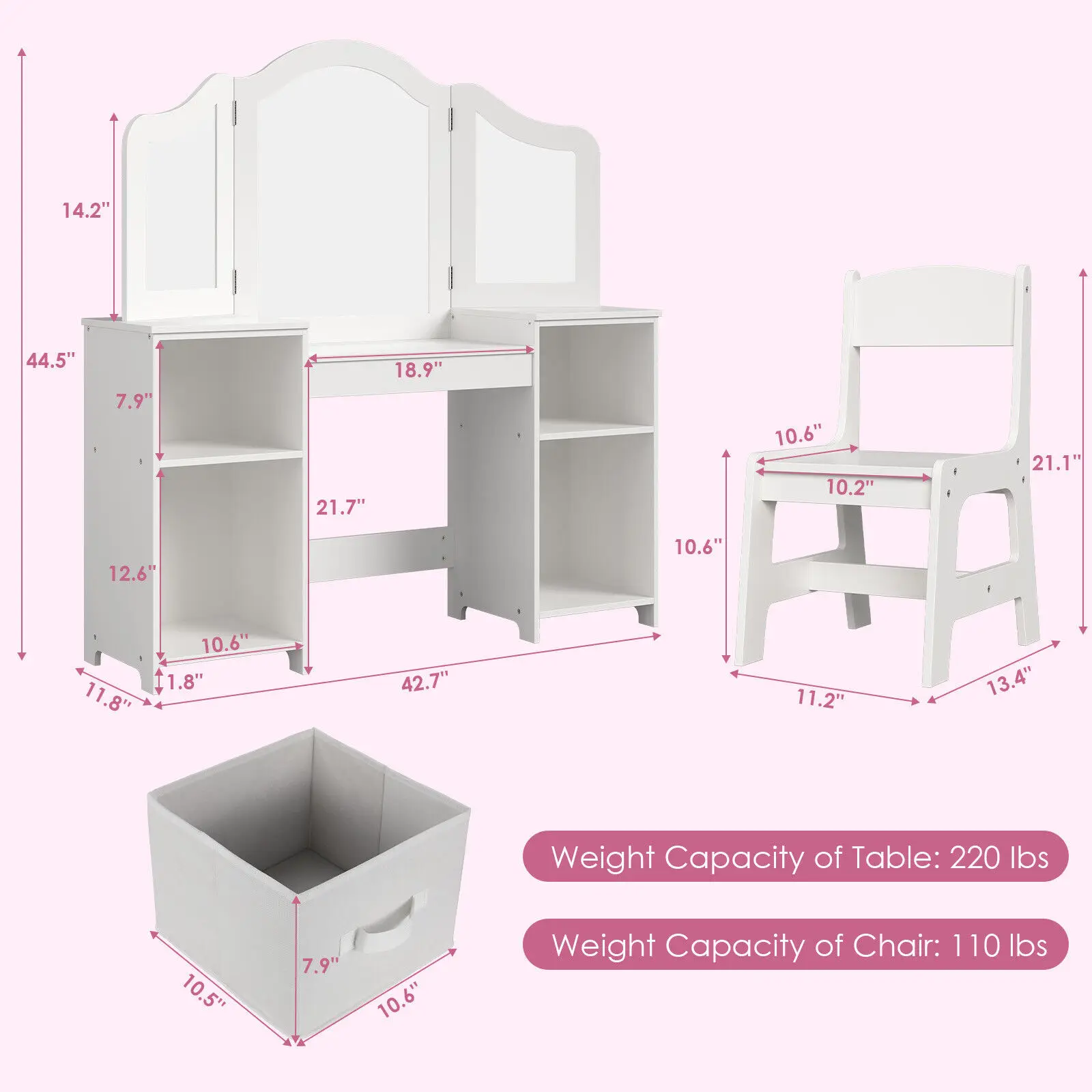 Kids Vanity, 2 in 1 Princess Makeup Desk & Chair Set with Tri-Folding Detachable Mirror, Large Storage Shelves, Wooden Pretend