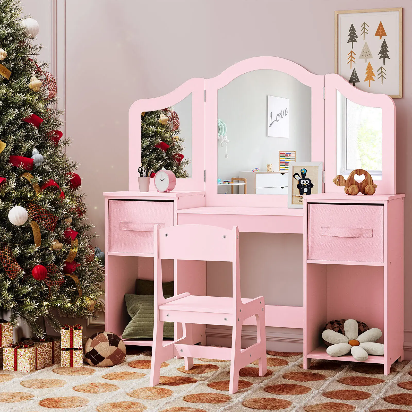 Kids Vanity, 2 in 1 Princess Makeup Desk & Chair Set with Tri-Folding Detachable Mirror, Large Storage Shelves, Wooden Pretend