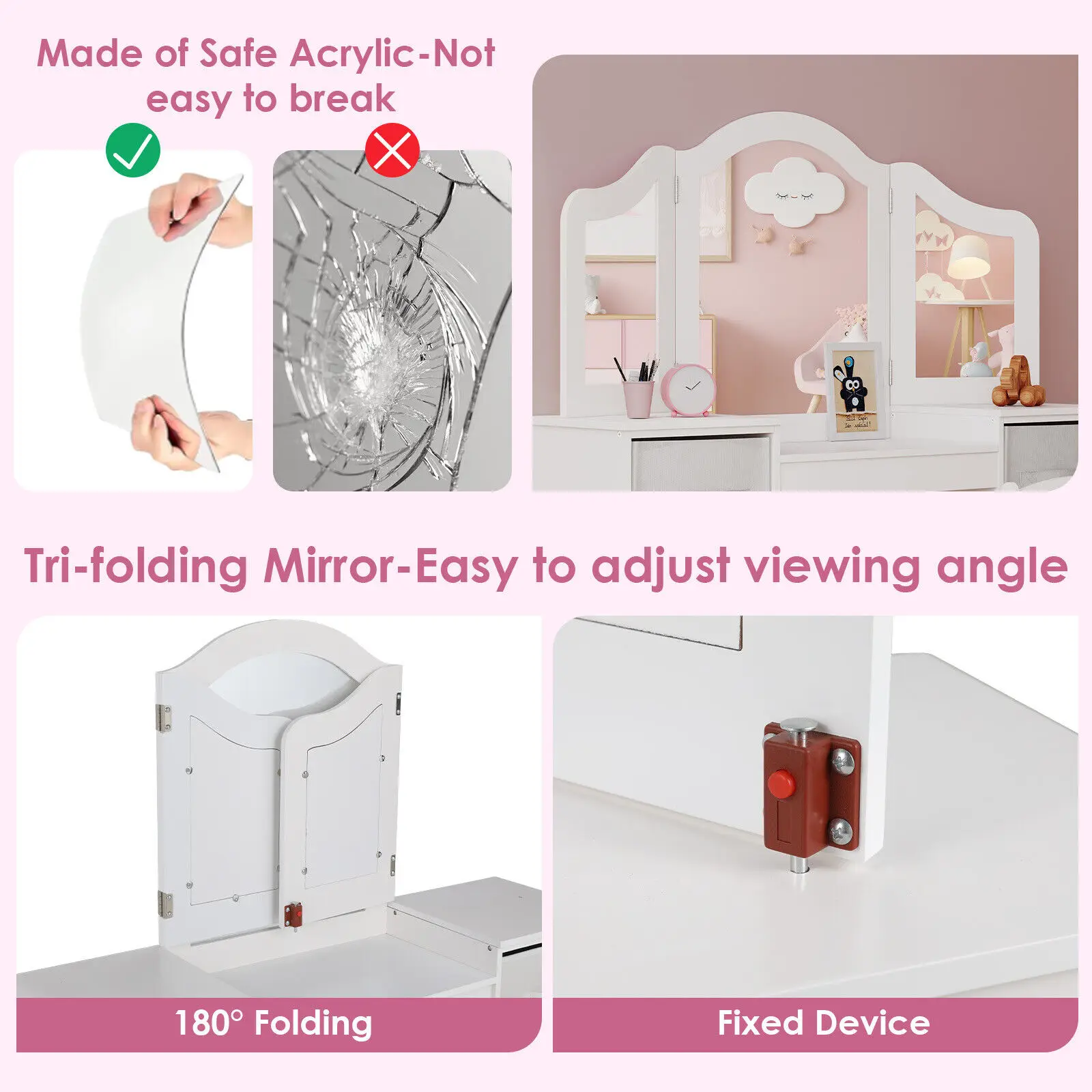 Kids Vanity, 2 in 1 Princess Makeup Desk & Chair Set with Tri-Folding Detachable Mirror, Large Storage Shelves, Wooden Pretend