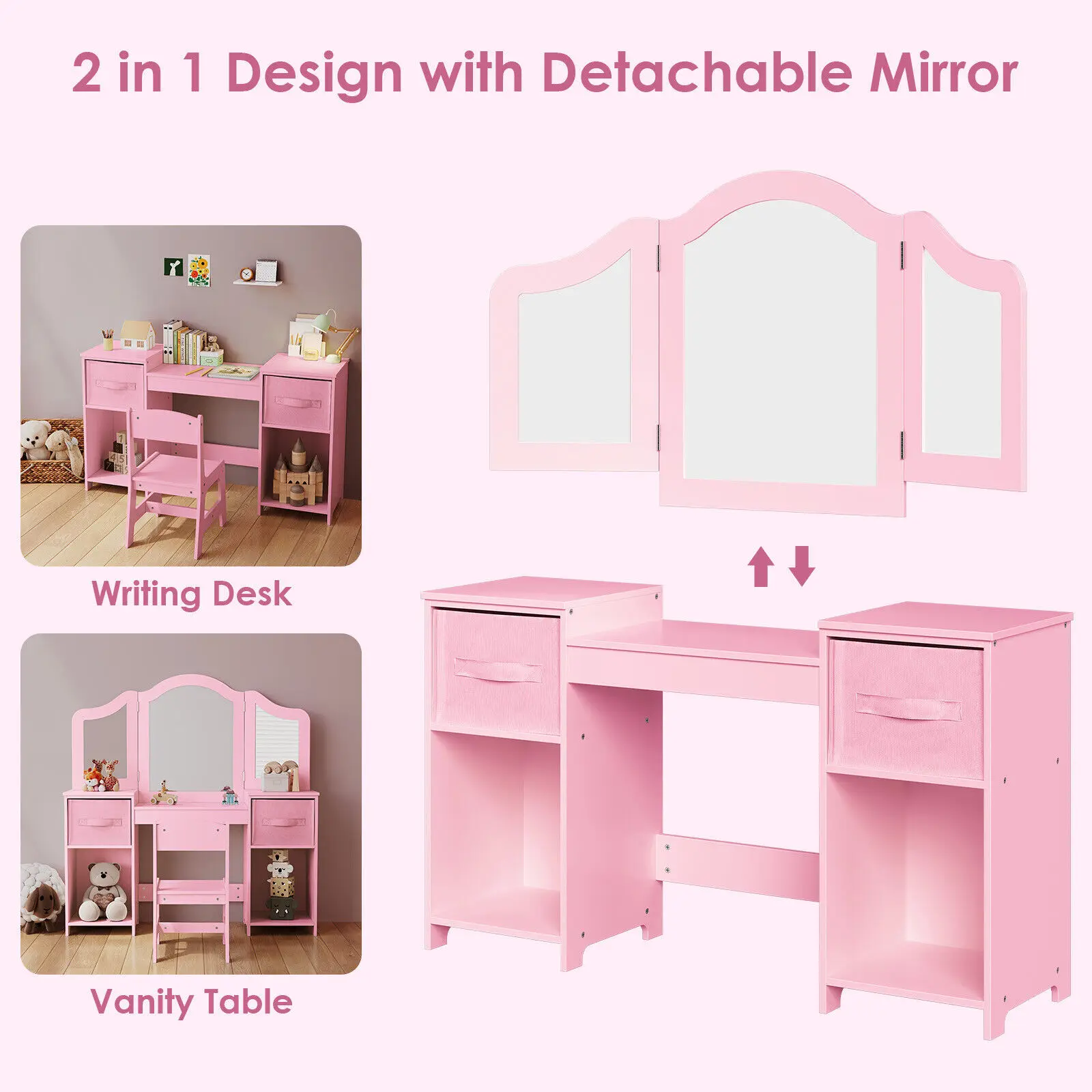 Kids Vanity, 2 in 1 Princess Makeup Desk & Chair Set with Tri-Folding Detachable Mirror, Large Storage Shelves, Wooden Pretend