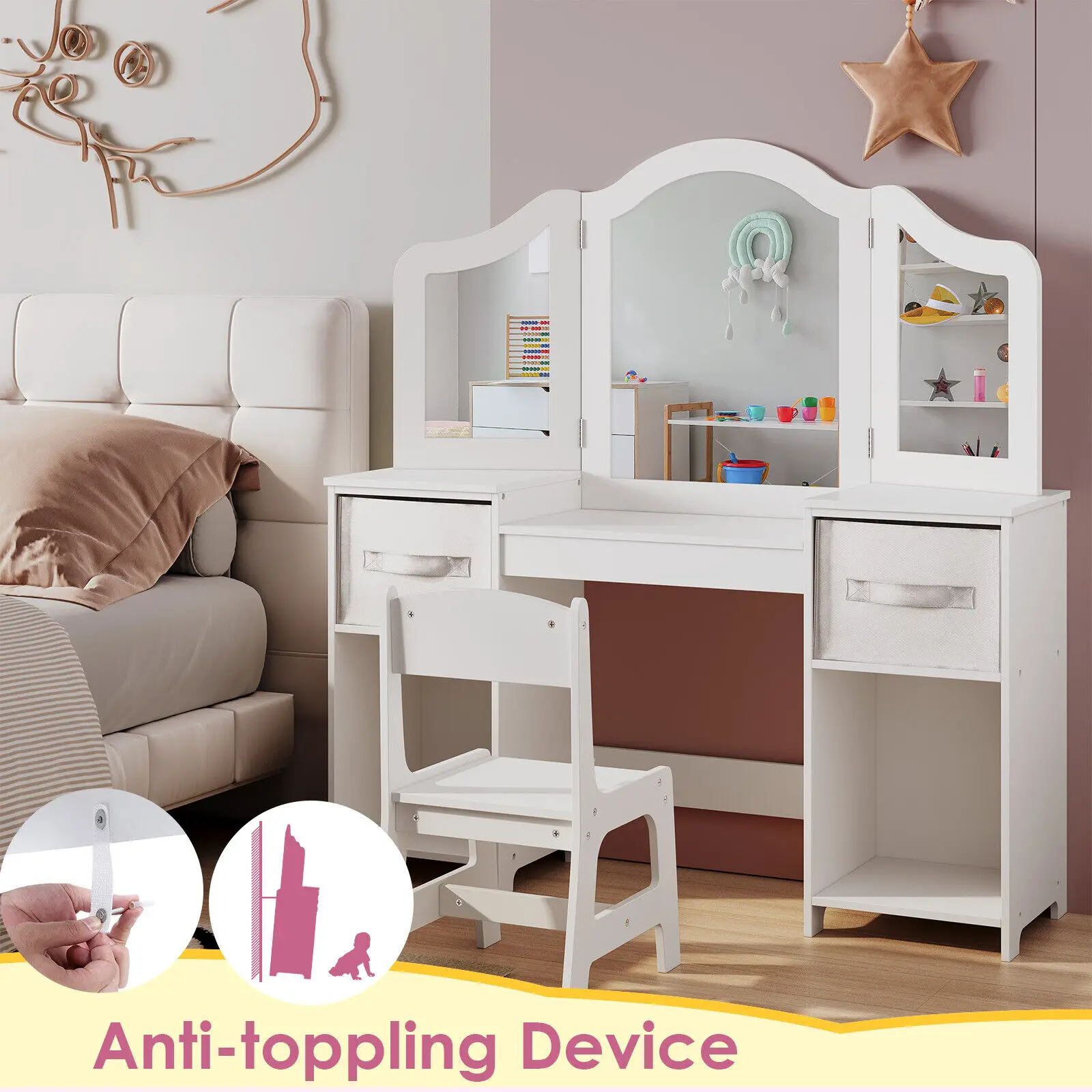 Kids Vanity, 2 in 1 Princess Makeup Desk & Chair Set with Tri-Folding Detachable Mirror, Large Storage Shelves, Wooden Pretend