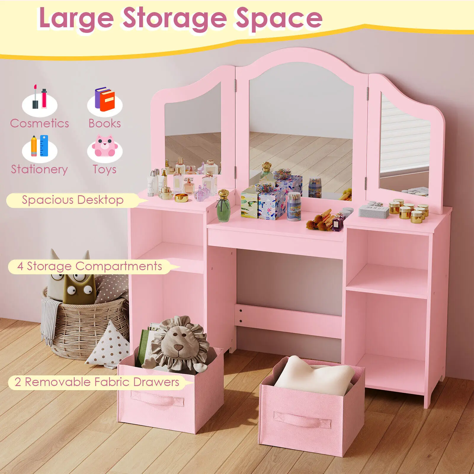 Kids Vanity, 2 in 1 Princess Makeup Desk & Chair Set with Tri-Folding Detachable Mirror, Large Storage Shelves, Wooden Pretend