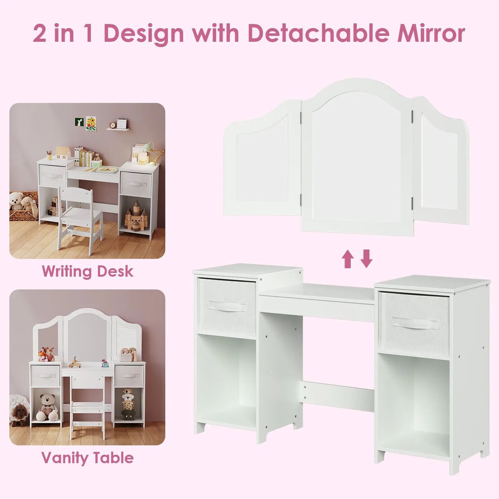 Kids Vanity, 2 in 1 Princess Makeup Desk & Chair Set with Tri-Folding Detachable Mirror, Large Storage Shelves, Wooden Pretend