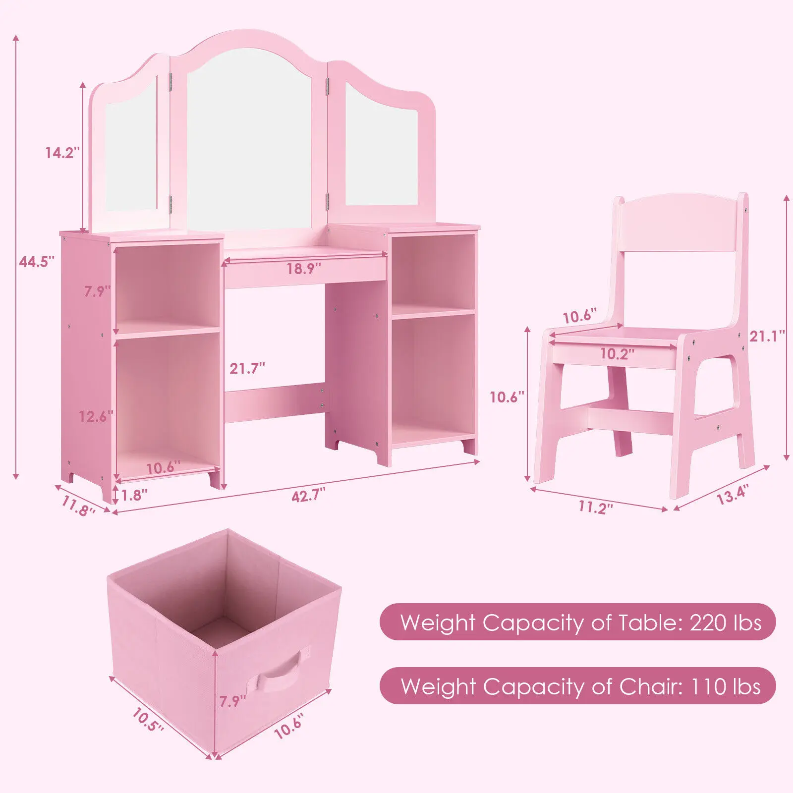 Kids Vanity, 2 in 1 Princess Makeup Desk & Chair Set with Tri-Folding Detachable Mirror, Large Storage Shelves, Wooden Pretend