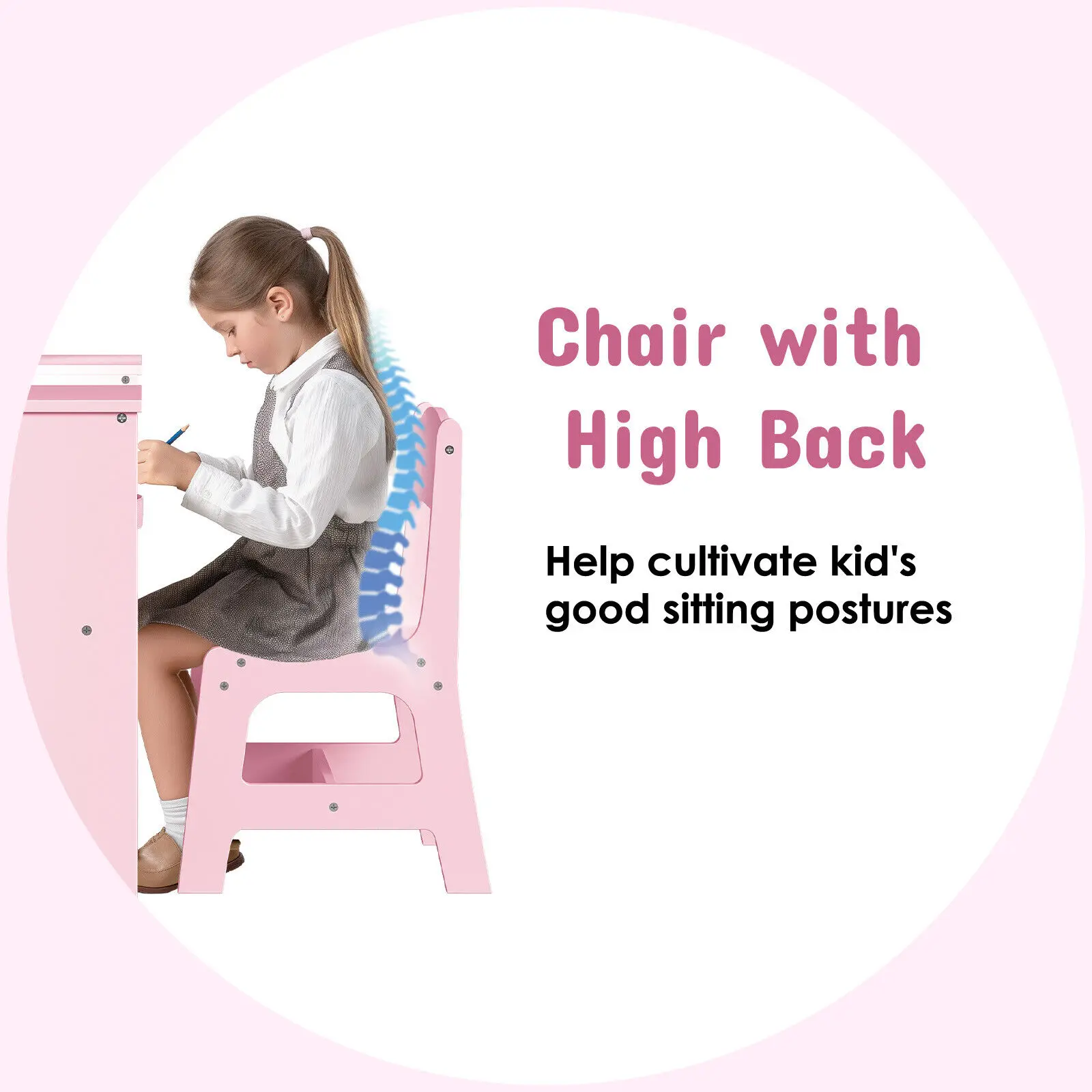 Kids Vanity, 2 in 1 Princess Makeup Desk & Chair Set with Tri-Folding Detachable Mirror, Large Storage Shelves, Wooden Pretend