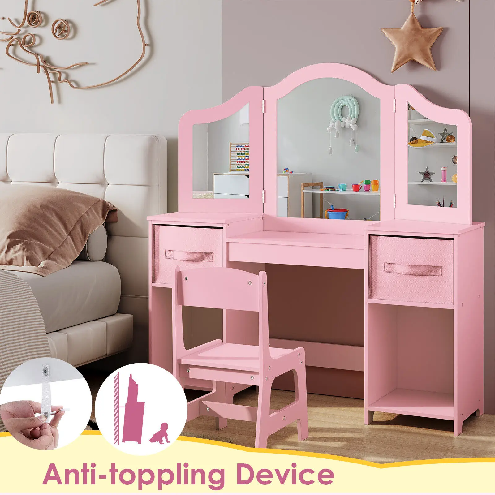 Kids Vanity, 2 in 1 Princess Makeup Desk & Chair Set with Tri-Folding Detachable Mirror, Large Storage Shelves, Wooden Pretend