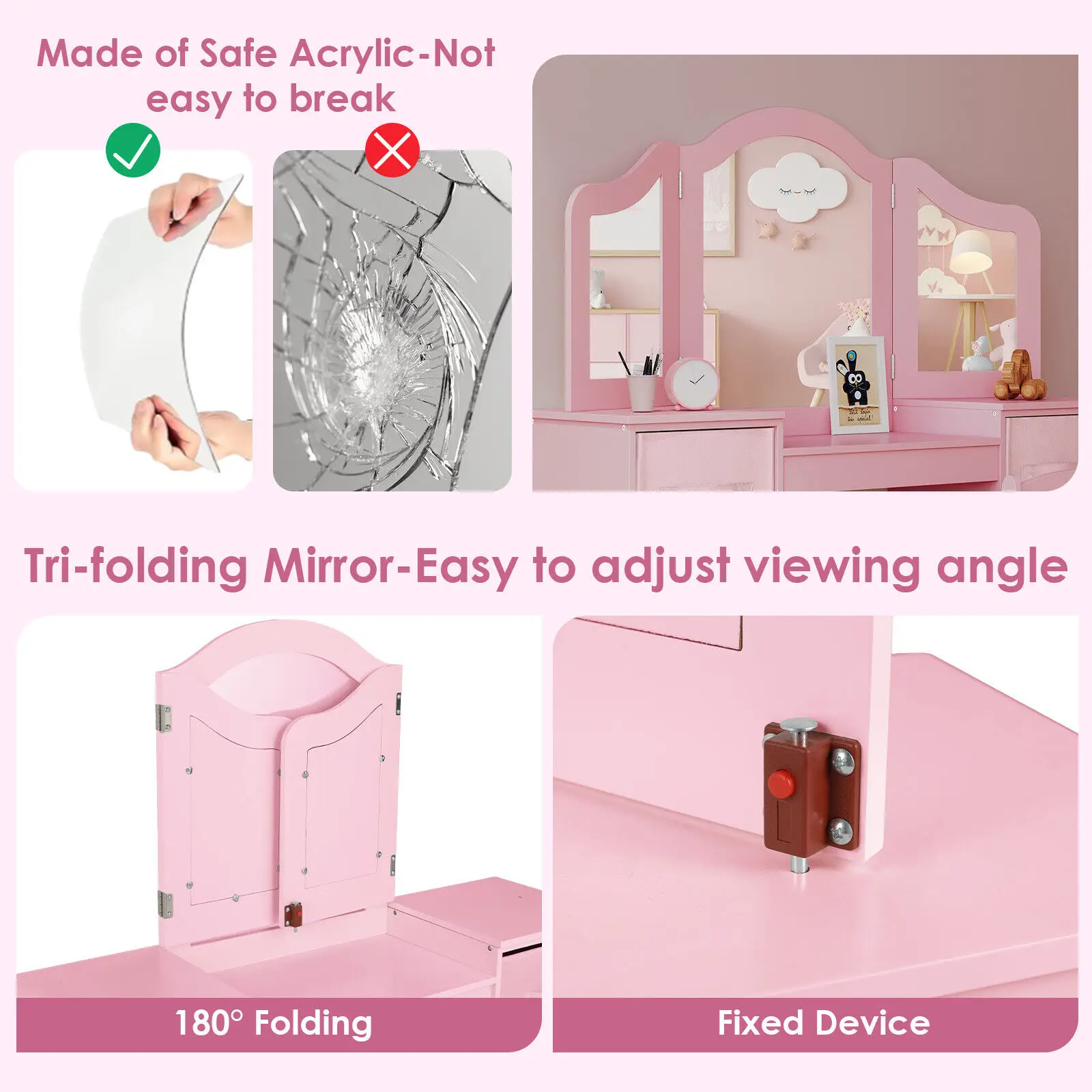 Kids Vanity, 2 in 1 Princess Makeup Desk & Chair Set with Tri-Folding Detachable Mirror, Large Storage Shelves, Wooden Pretend